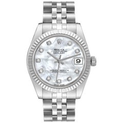 Rolex Datejust Midsize Mother Of Pearl Diamond Dial Steel White Gold Watch