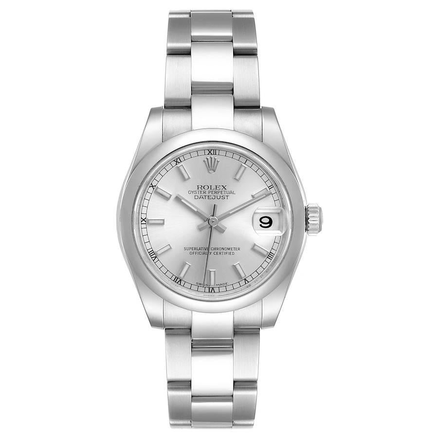 Rolex Datejust Midsize Silver Dial Steel Ladies Watch 178240 Box Card. Officially certified chronometer self-winding movement. Stainless steel oyster case 31.0 mm in diameter. Rolex logo on a crown. Stainless steel smooth bezel. Scratch resistant