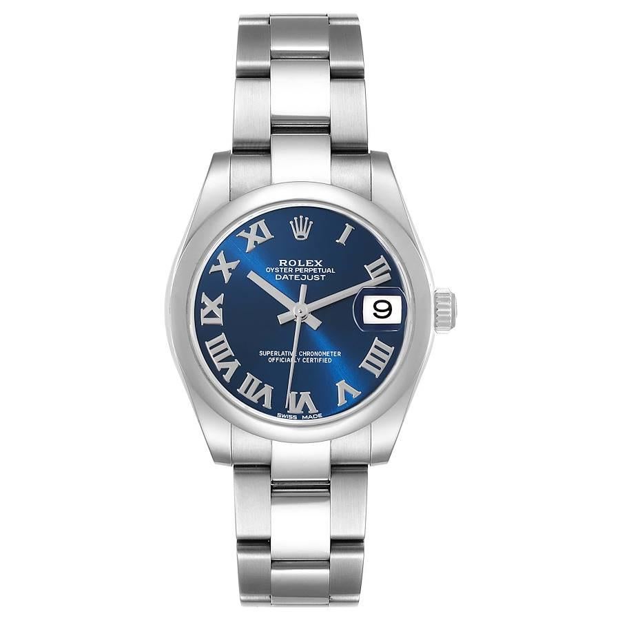 Rolex Datejust Midsize Steel Blue Roman Dial Ladies Watch 178240 Box Card. Officially certified chronometer automatic self-winding movement. Stainless steel oyster case 31.0 mm in diameter. Rolex logo on the crown. Stainless steel smooth bezel.