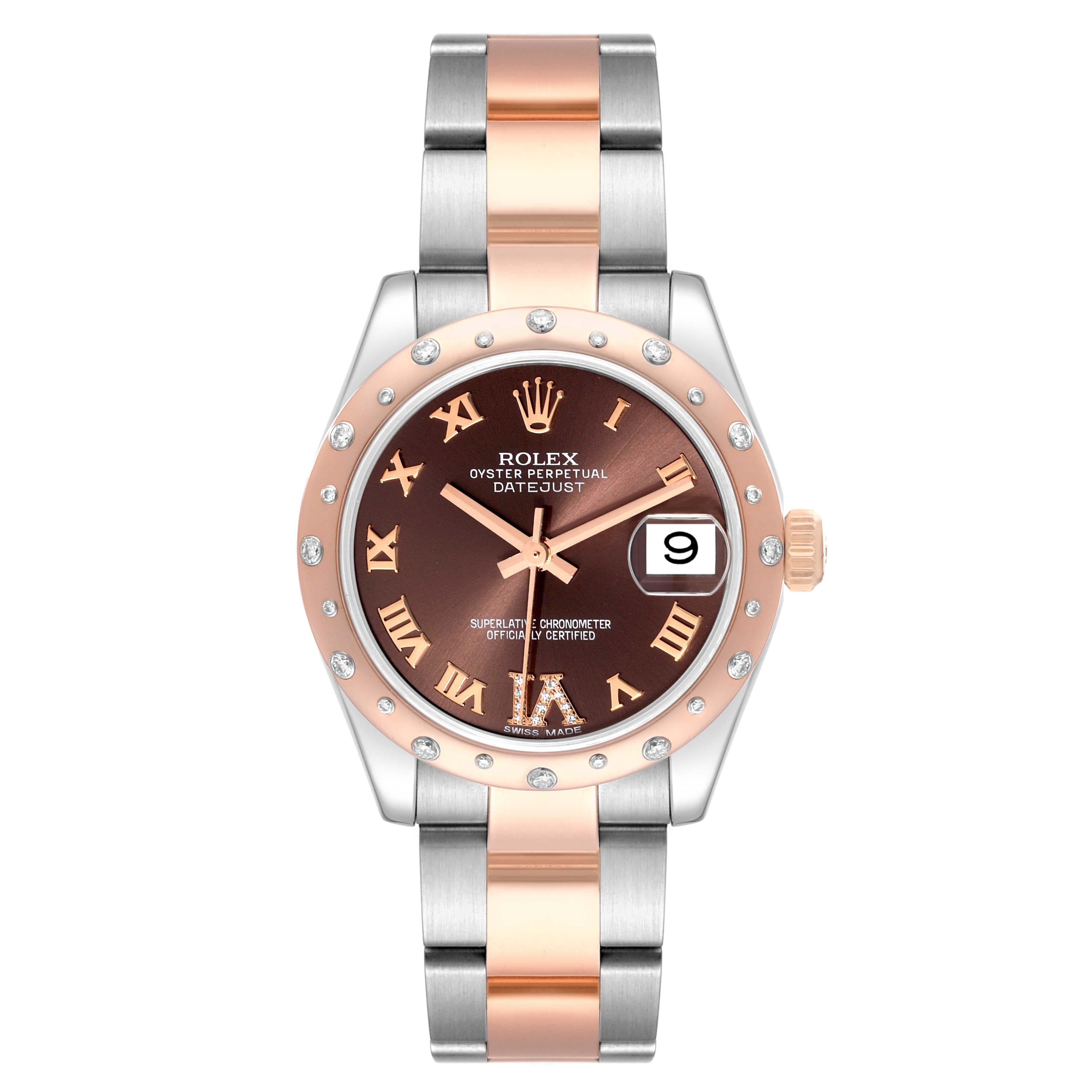 Rolex Datejust Midsize Steel Rose Gold Diamond Ladies Watch 178341 Box Card. Officially certified chronometer self-winding movement with quickset date function. Stainless steel and 18K rose gold oyster case 31 mm in diameter. Rolex logo on a crown.