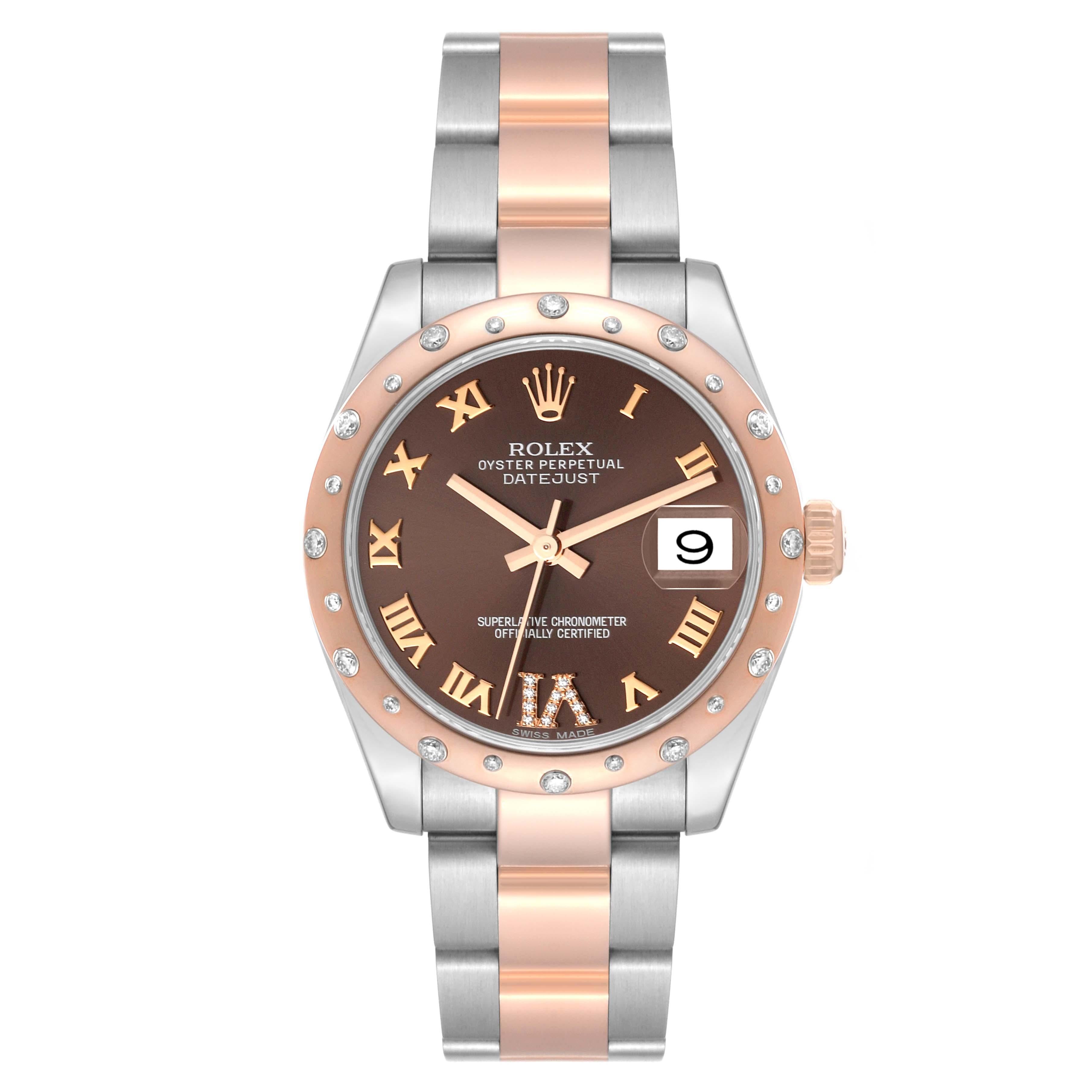 Rolex Datejust Midsize Steel Rose Gold Diamond Ladies Watch 178341 Box Card. Officially certified chronometer automatic self-winding movement with quickset date function. Stainless steel and 18k rose gold oyster case 31 mm in diameter. Rolex logo on