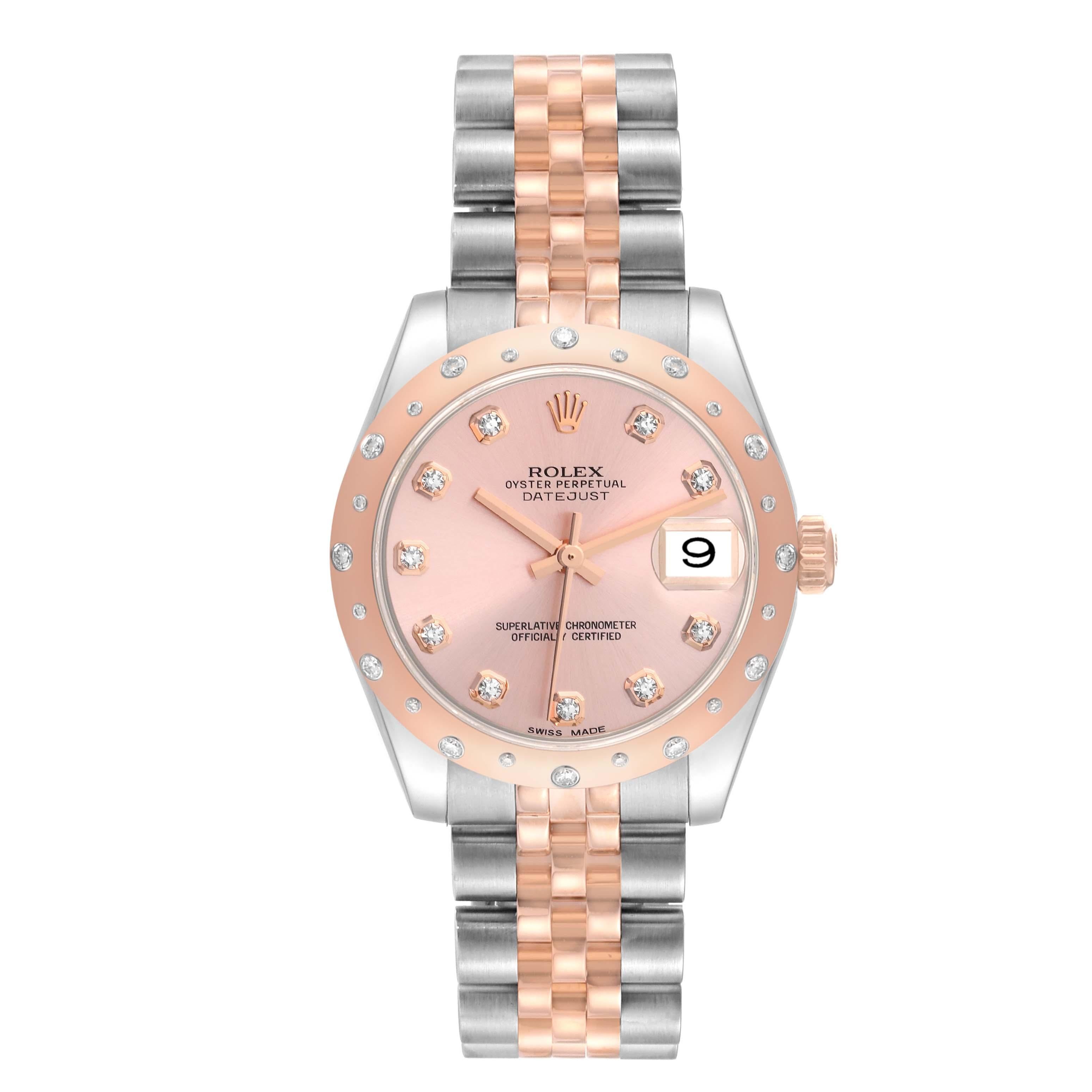 Rolex Datejust Midsize Steel Rose Gold Diamond Ladies Watch 178341. Officially certified chronometer automatic self-winding movement with quickset date function. Stainless steel and 18K rose gold oyster case 31 mm in diameter. Rolex logo on a crown.
