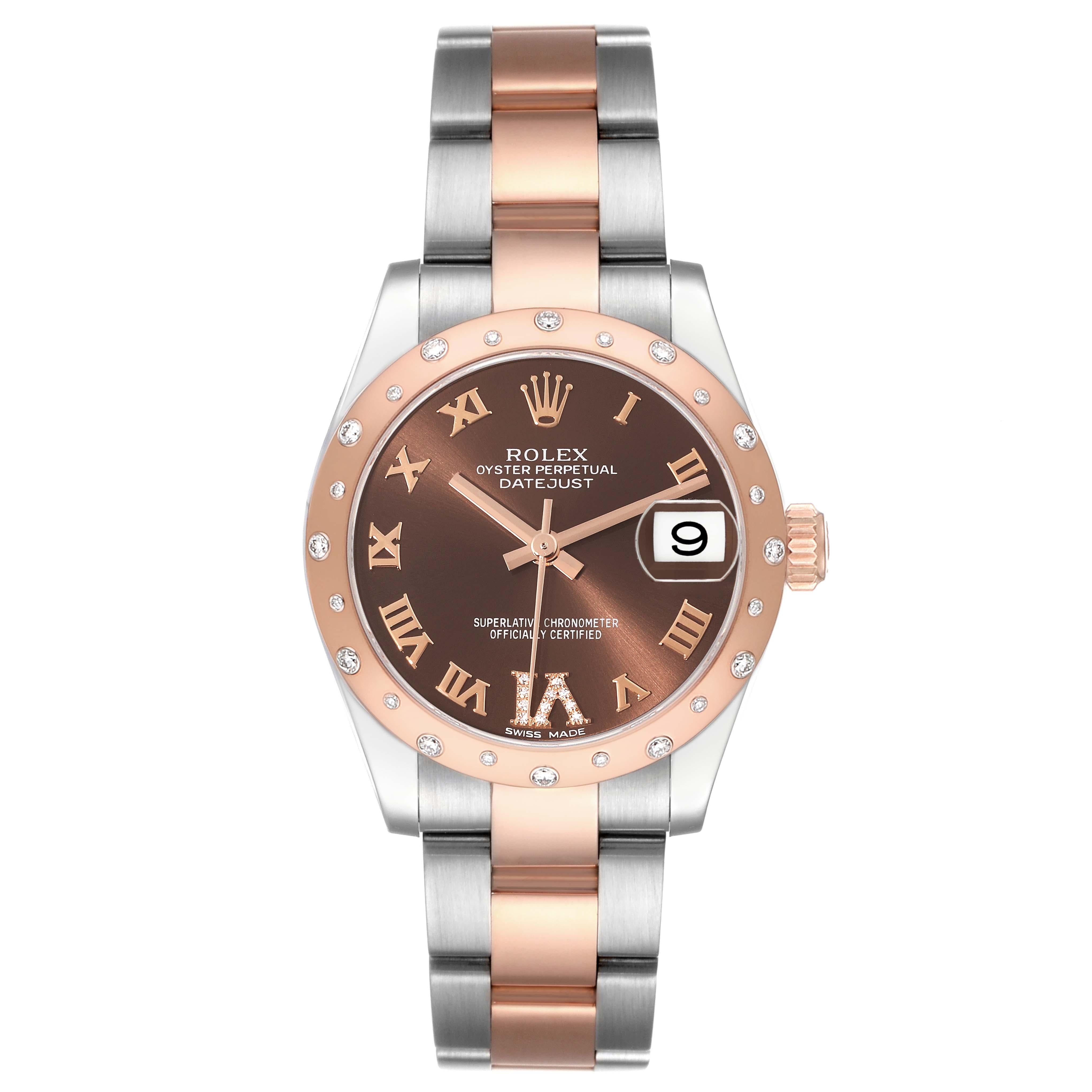 Rolex Datejust Midsize Steel Rose Gold Diamond Ladies Watch 178341. Officially certified chronometer automatic self-winding movement with quickset date function. Stainless steel and 18K rose gold oyster case 31 mm in diameter. Rolex logo on a crown.