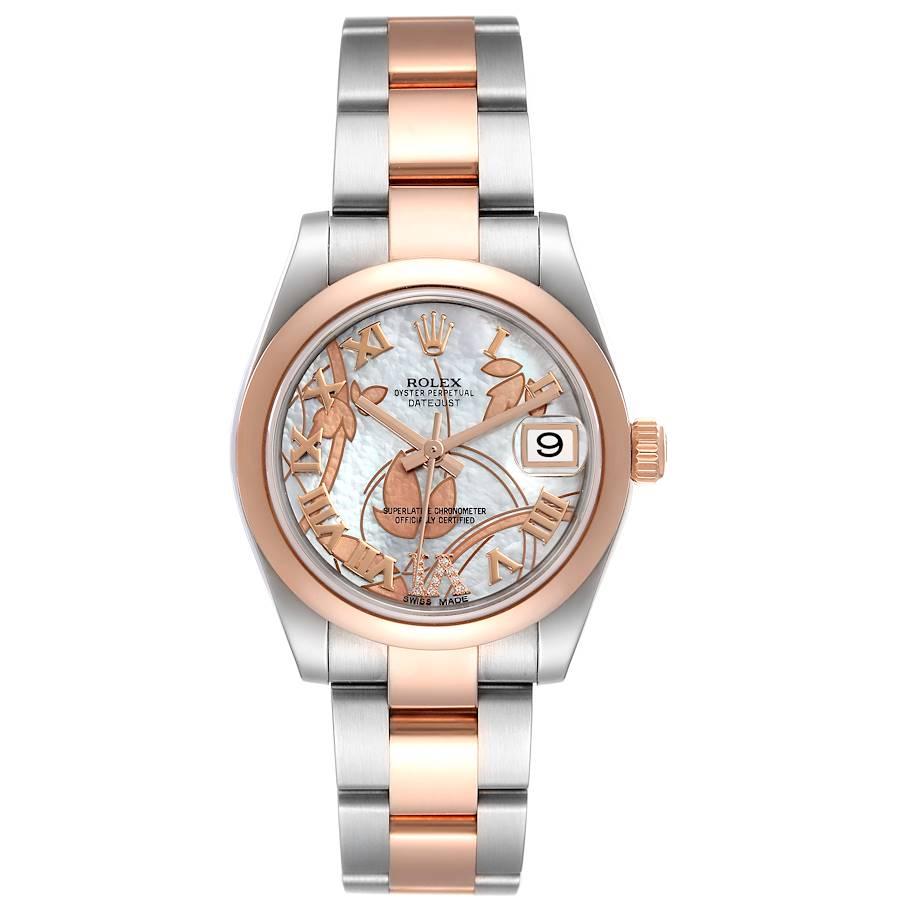 Rolex Datejust Midsize Steel Rose Gold Goldust Dream MOP Watch 178241 Box Card. Offiziell zertifiziertes Chronometerwerk mit automatischem Aufzug. Oyster-Gehäuse aus Edelstahl und Roségold mit einem Durchmesser von 31,0 mm. Rolex-Logo auf einer