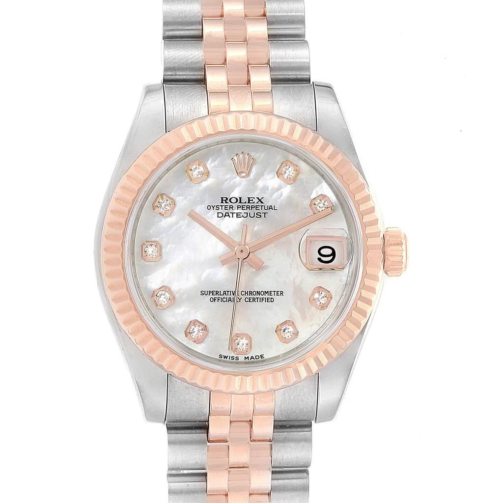 Rolex Datejust Midsize Steel Rose Gold MOP Diamond Ladies Watch 178271. Officially certified chronometer self-winding movement with quickset date function. Stainless steel oyster case 31 mm in diameter. Rolex logo on 18K rose gold crown. 18k rose