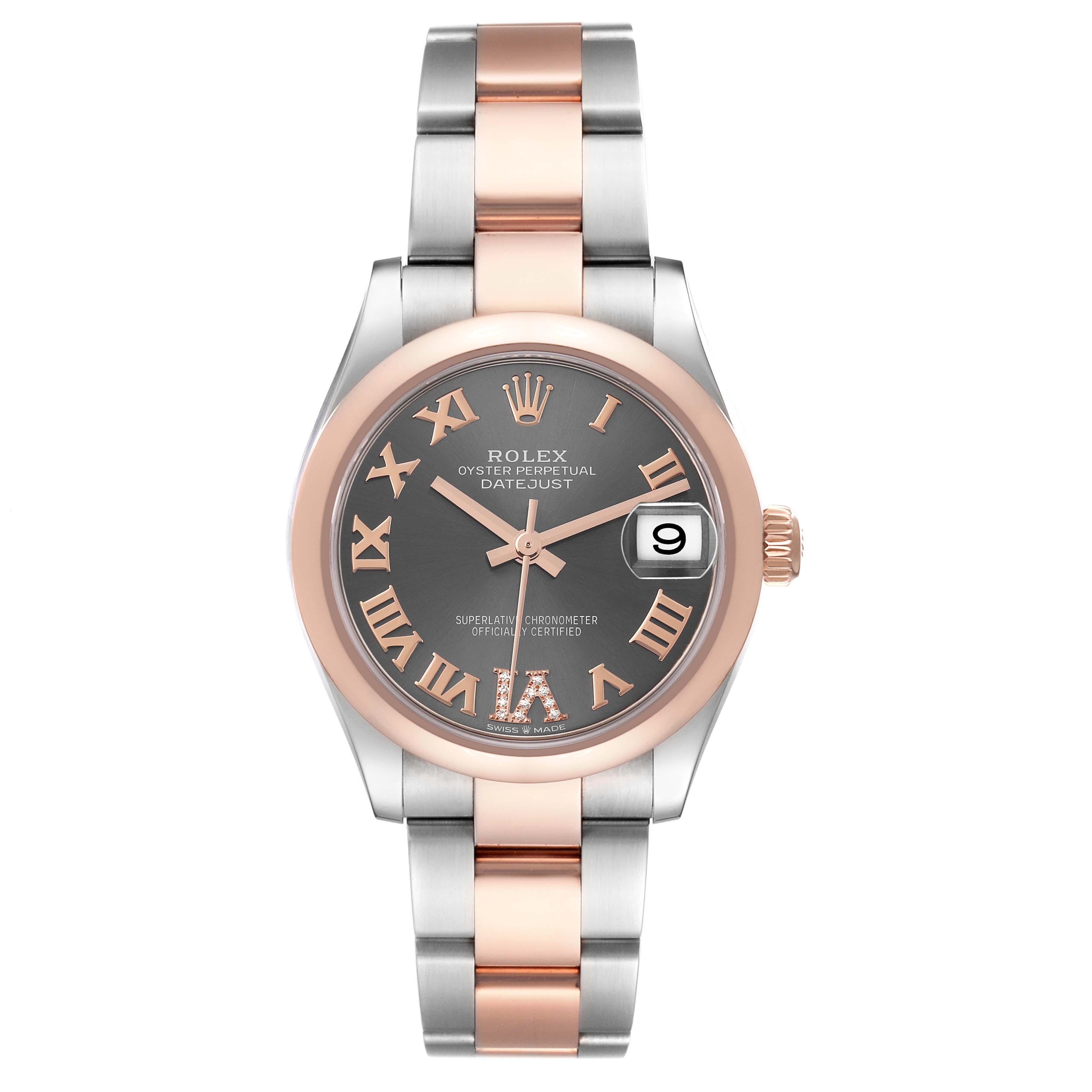 Rolex Datejust Midsize Steel Rose Gold Slate Dial Ladies Watch 278241 Box Card. Officially certified chronometer automatic self-winding movement with quickset date function. Stainless steel oyster case 31.0 mm in diameter. Rolex logo on an 18k
