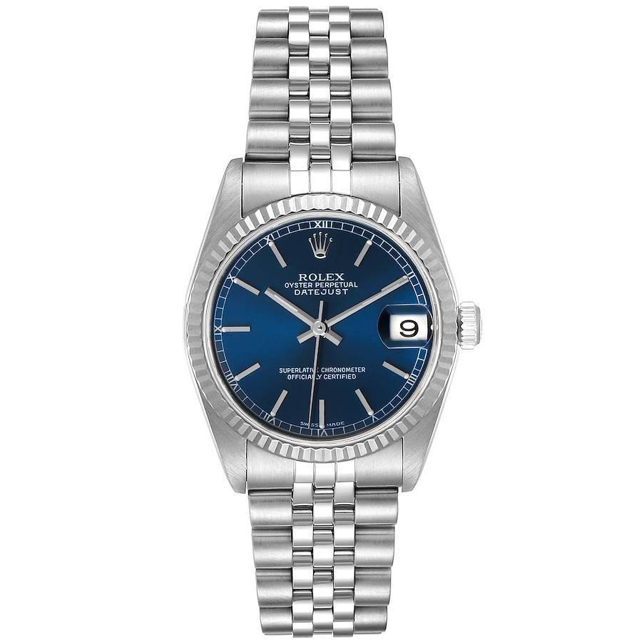 Rolex Datejust Midsize Steel White Gold Blue Dial Ladies Watch 78274. Officially certified chronometer self-winding movement. Stainless steel oyster case 31 mm in diameter. Rolex logo on a crown. 18k white gold fluted bezel. Scratch resistant