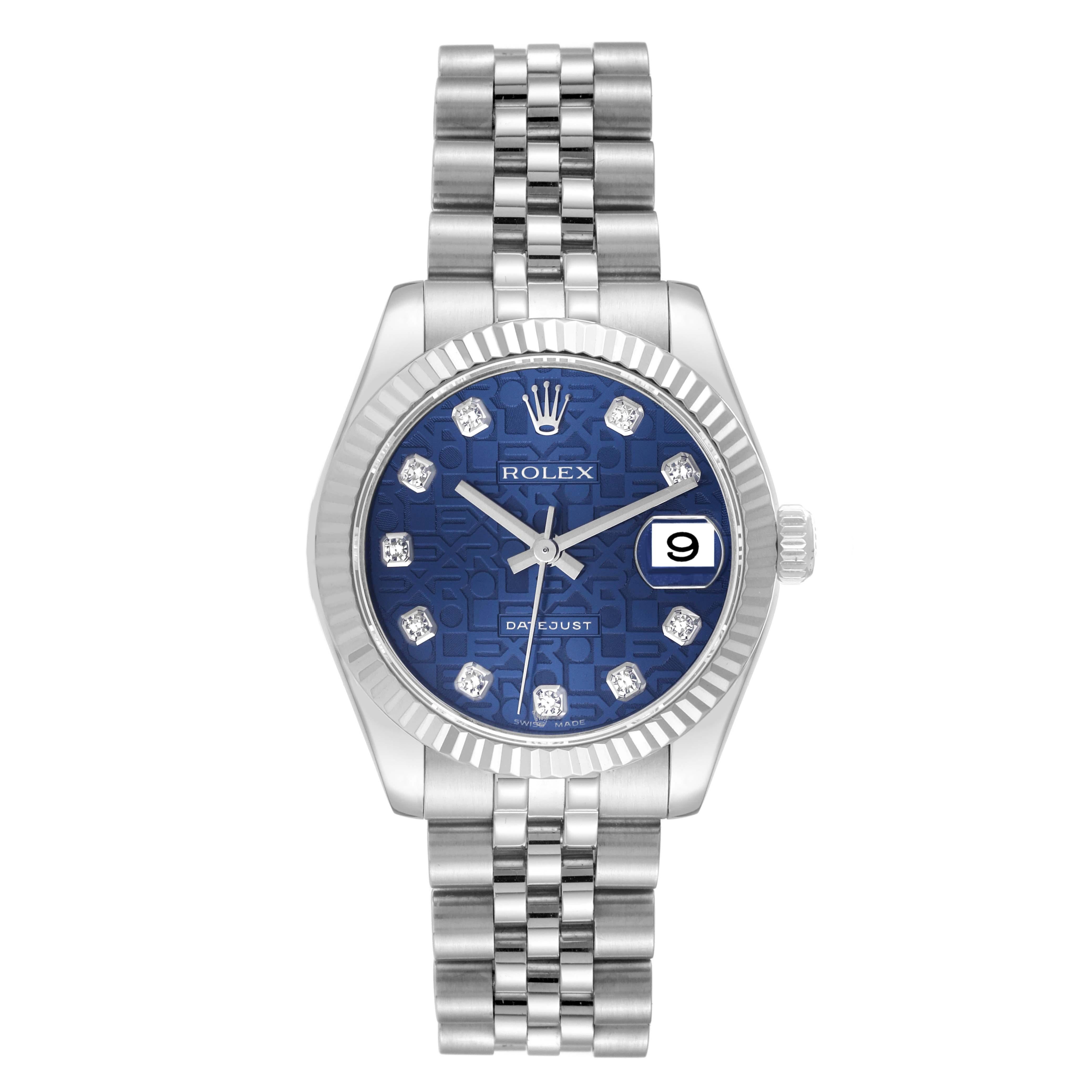 Rolex Datejust Midsize Steel White Gold Blue Diamond Dial Ladies Watch 178274 Box Card. Officially certified chronometer automatic self-winding movement. Stainless steel oyster case 31.0 mm in diameter. Rolex logo on the crown. 18k white gold fluted