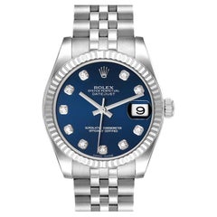 Rolex Datejust Midsize Steel White Gold Blue Diamond Dial Watch 178274 Box Card