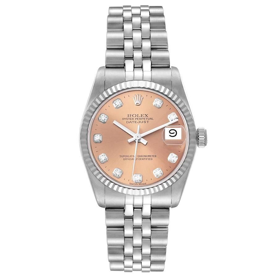 Rolex Datejust Midsize Steel White Gold Diamond Dial Ladies Watch 68274. Officially certified chronometer self-winding movement. Stainless steel oyster case 31.0 mm in diameter. Rolex logo on a crown. 18k white gold fluted bezel. Scratch resistant