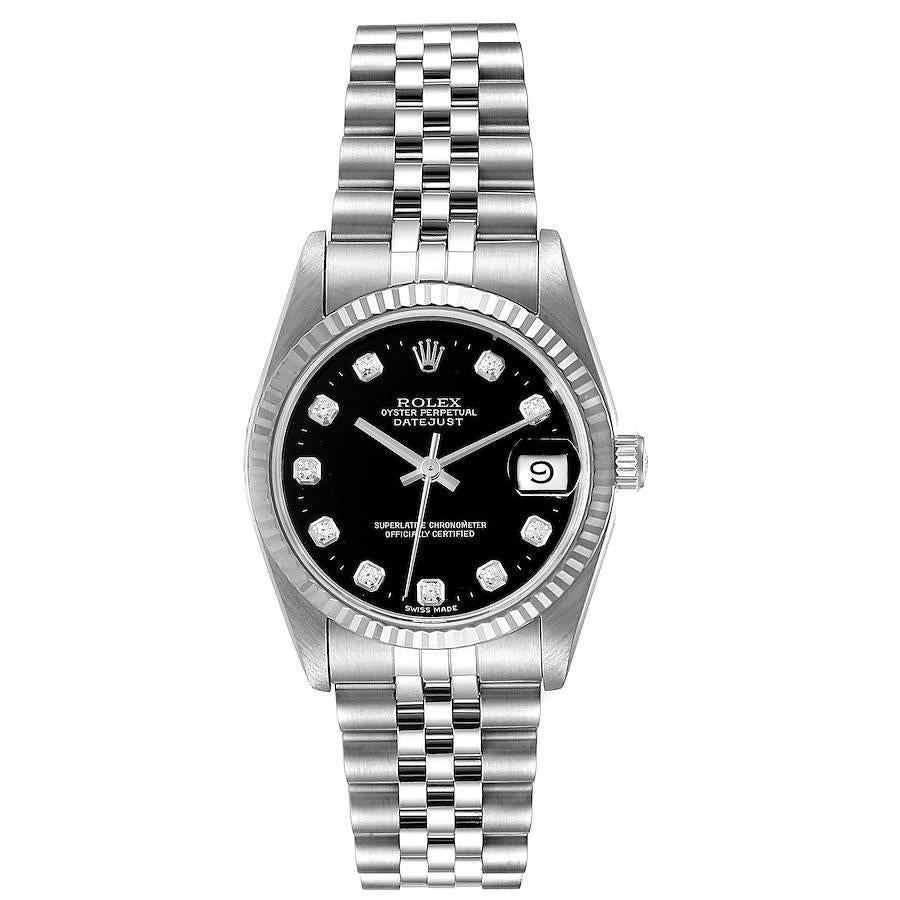 Rolex Datejust Midsize Steel White Gold Diamond Dial Ladies Watch 68274 Papers. Officially certified chronometer self-winding movement. Stainless steel oyster case 31.0 mm in diameter. Rolex logo on a crown. 18k white gold fluted bezel. Scratch