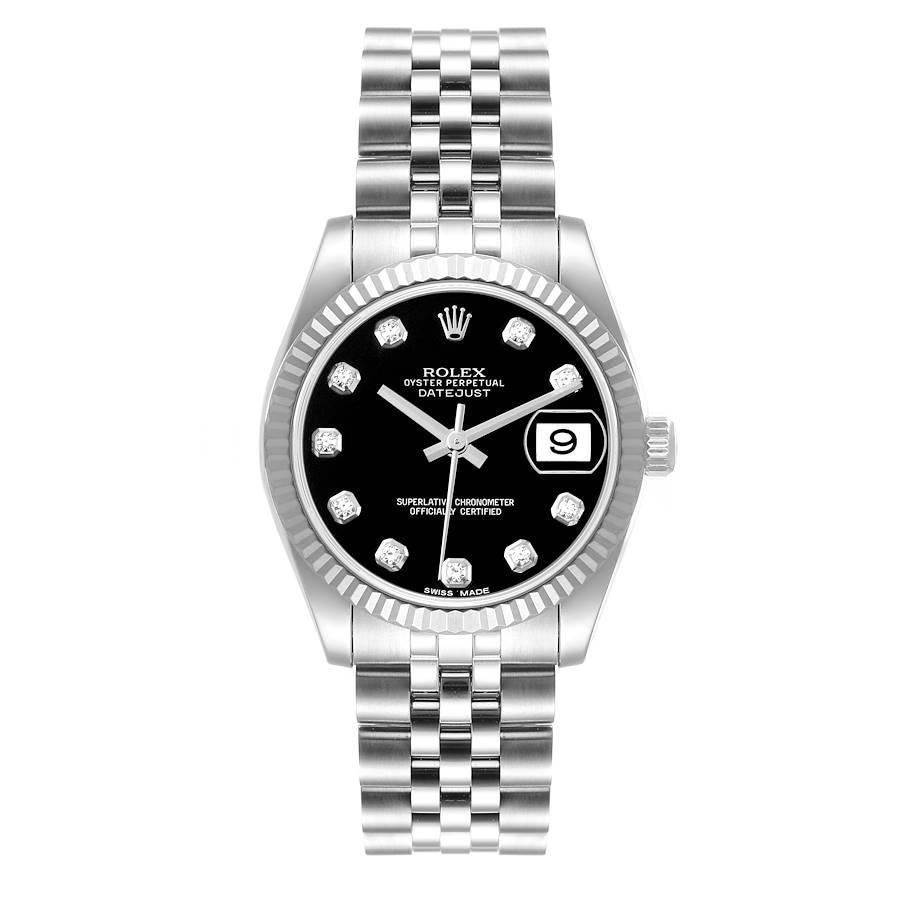 Rolex Datejust Midsize Steel White Gold Diamond Dial Watch 178274 Box Card. Officially certified chronometer self-winding movement. Stainless steel oyster case 31.0 mm in diameter. Rolex logo on a crown. 18k white gold fluted bezel. Scratch