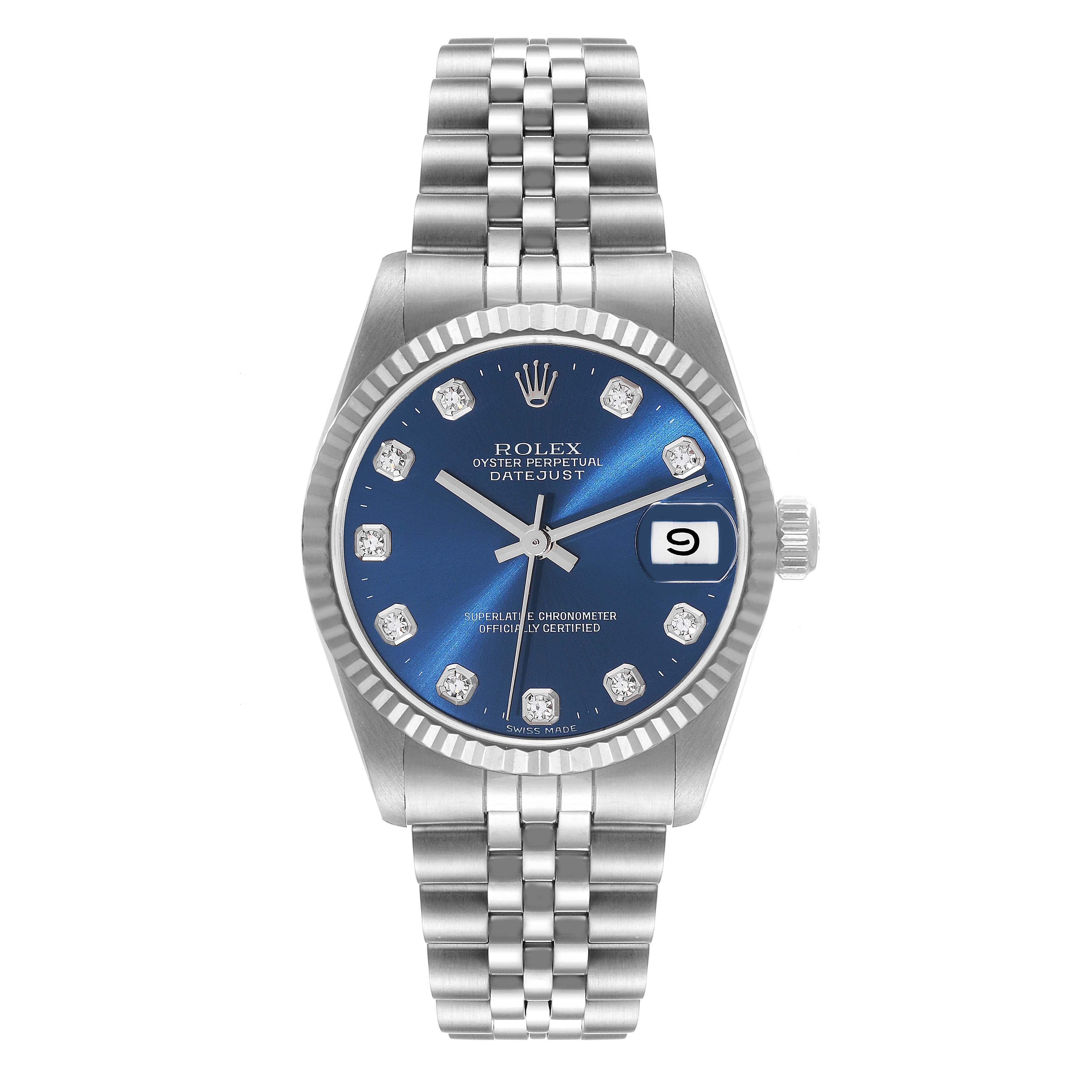 Rolex Datejust Midsize Steel White Gold Diamond Dial Watch 68274. Officially certified chronometer automatic self-winding movement. Stainless steel oyster case 31.0 mm in diameter. Rolex logo on the crown. 18k white gold fluted bezel. Scratch