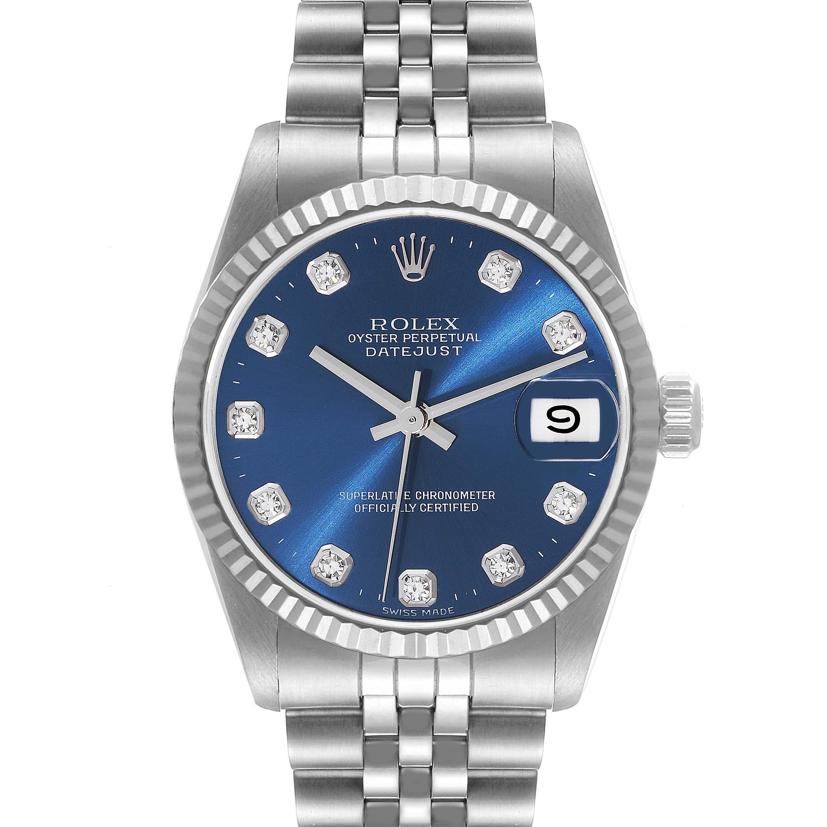 Rolex Datejust Midsize Steel White Gold Diamond Dial Watch 68274