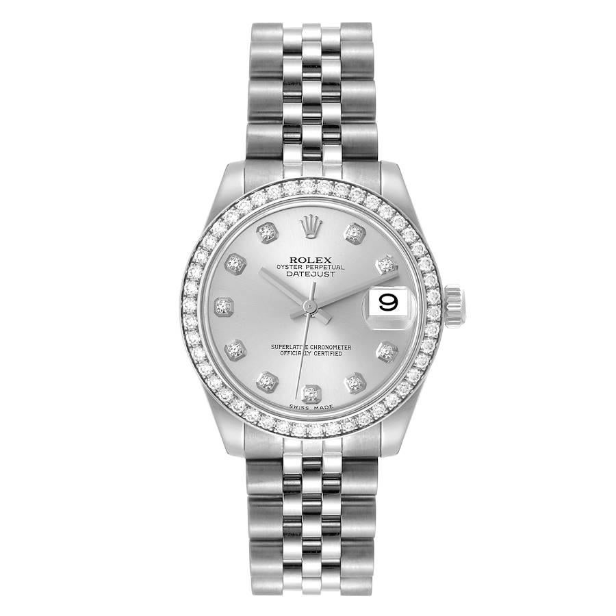 Rolex Datejust Midsize Steel White Gold Diamond Ladies Watch 178384. Officially certified chronometer automatic self-winding movement. Stainless steel oyster case 31.0 mm in diameter. Rolex logo on the crown. 18K white gold bezel set with original