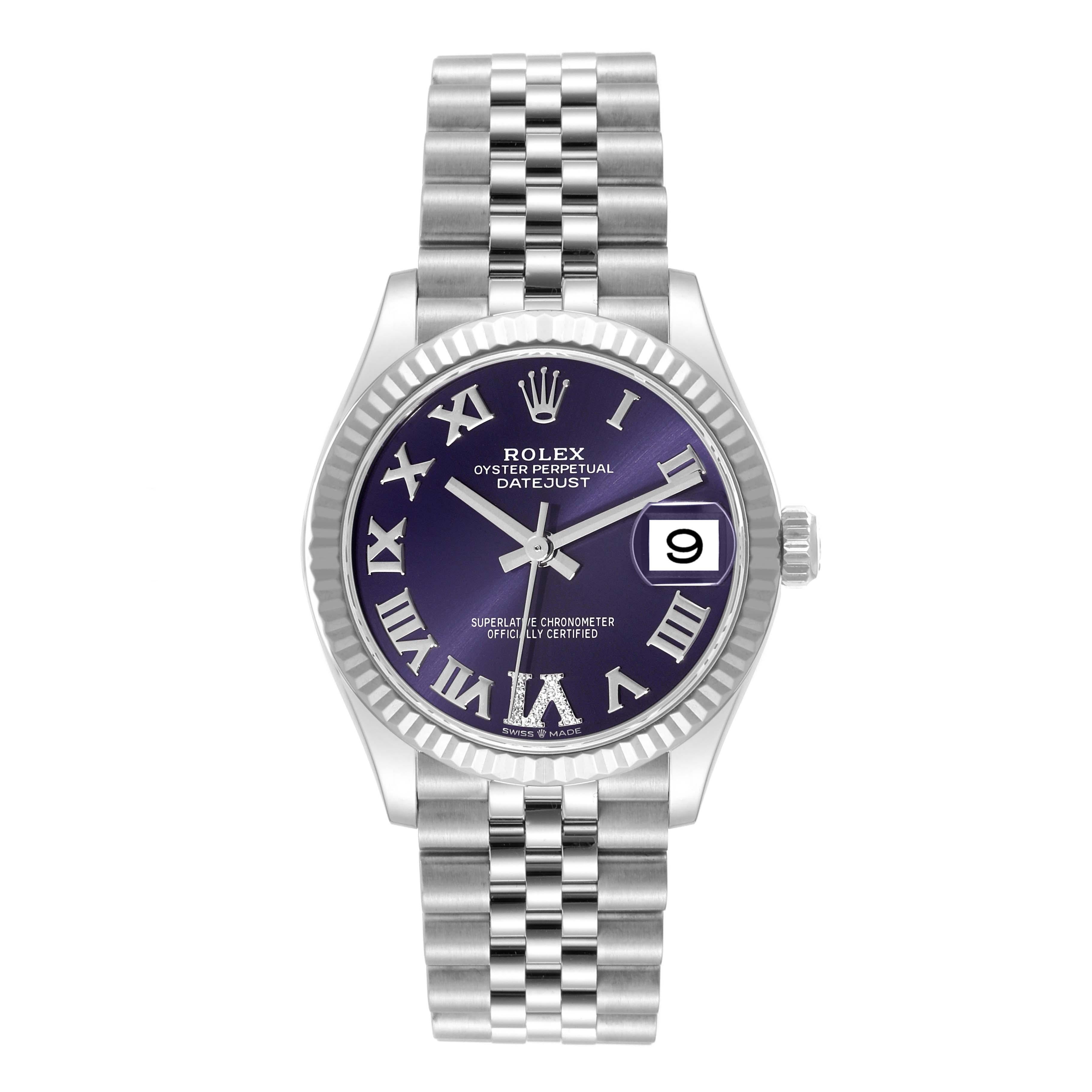 Rolex Datejust Midsize Steel White Gold Diamond Ladies Watch 278274. Officially certified chronometer automatic self-winding movement. Stainless steel oyster case 31.0 mm in diameter. Rolex logo on the crown. 18k white gold fluted bezel. Scratch