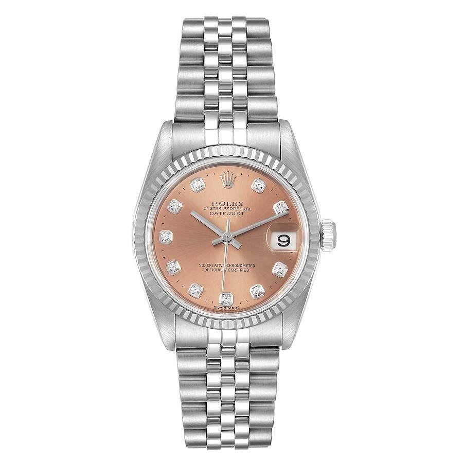 Rolex Datejust Midsize Steel White Gold Diamond Watch 78274 Box Papers. Officially certified chronometer self-winding movement. Stainless steel oyster case 31 mm in diameter. Rolex logo on a crown. 18k white gold fluted bezel. Scratch resistant