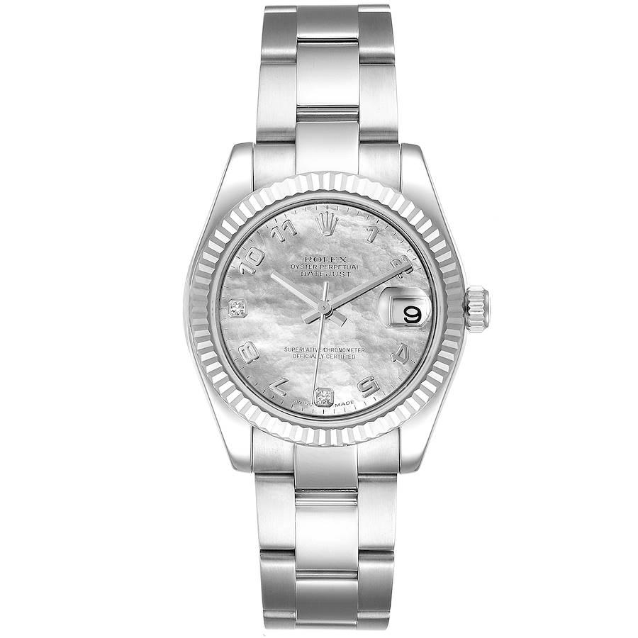 Rolex Datejust Midsize Steel White Gold Goldust Diamond Watch 178274 Box Papers. Officially certified chronometer self-winding movement. Stainless steel oyster case 31.0 mm in diameter. Rolex logo on a crown. 18k white gold fluted bezel. Scratch