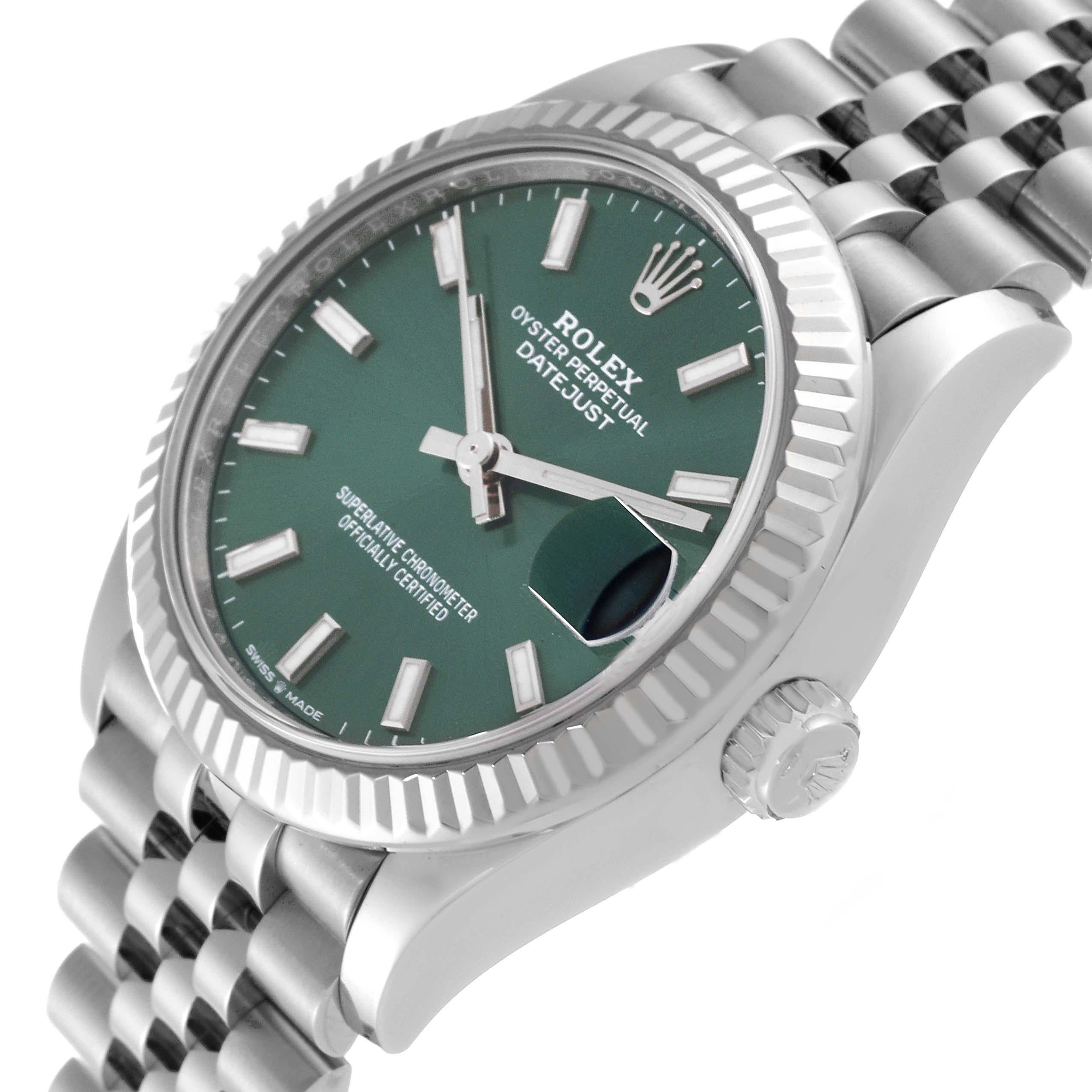 Rolex Datejust Midsize Steel White Gold Mint Green Dial Ladies Watch 278274 Box Card. Officially certified chronometer automatic self-winding movement. Stainless steel oyster case 31.0 mm in diameter. Rolex logo on a crown. 18k white gold fluted