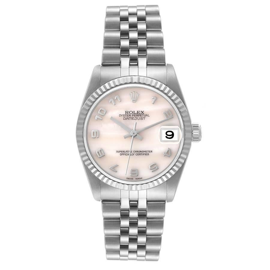 Rolex Datejust Midsize Steel White Gold MOP Dial Ladies Watch 78274. Officially certified chronometer self-winding movement. Stainless steel oyster case 31 mm in diameter. Rolex logo on a crown. 18k white gold fluted bezel. Scratch resistant