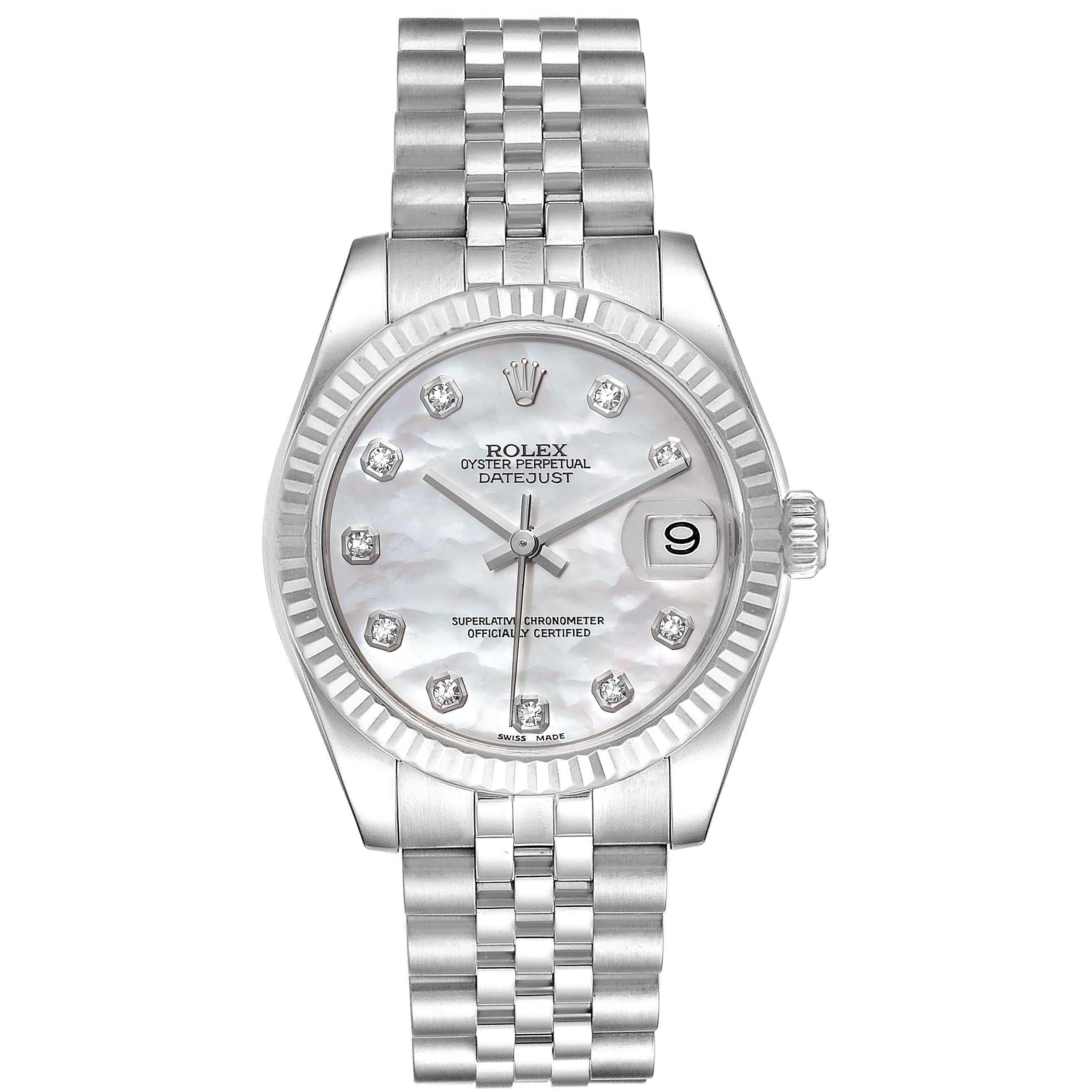 Rolex Datejust Midsize Steel White Gold MOP Diamond Ladies Watch 178274. Officially certified chronometer self-winding movement. Stainless steel oyster case 31.0 mm in diameter. Rolex logo on a crown. Scratch resistant sapphire crystal with cyclops