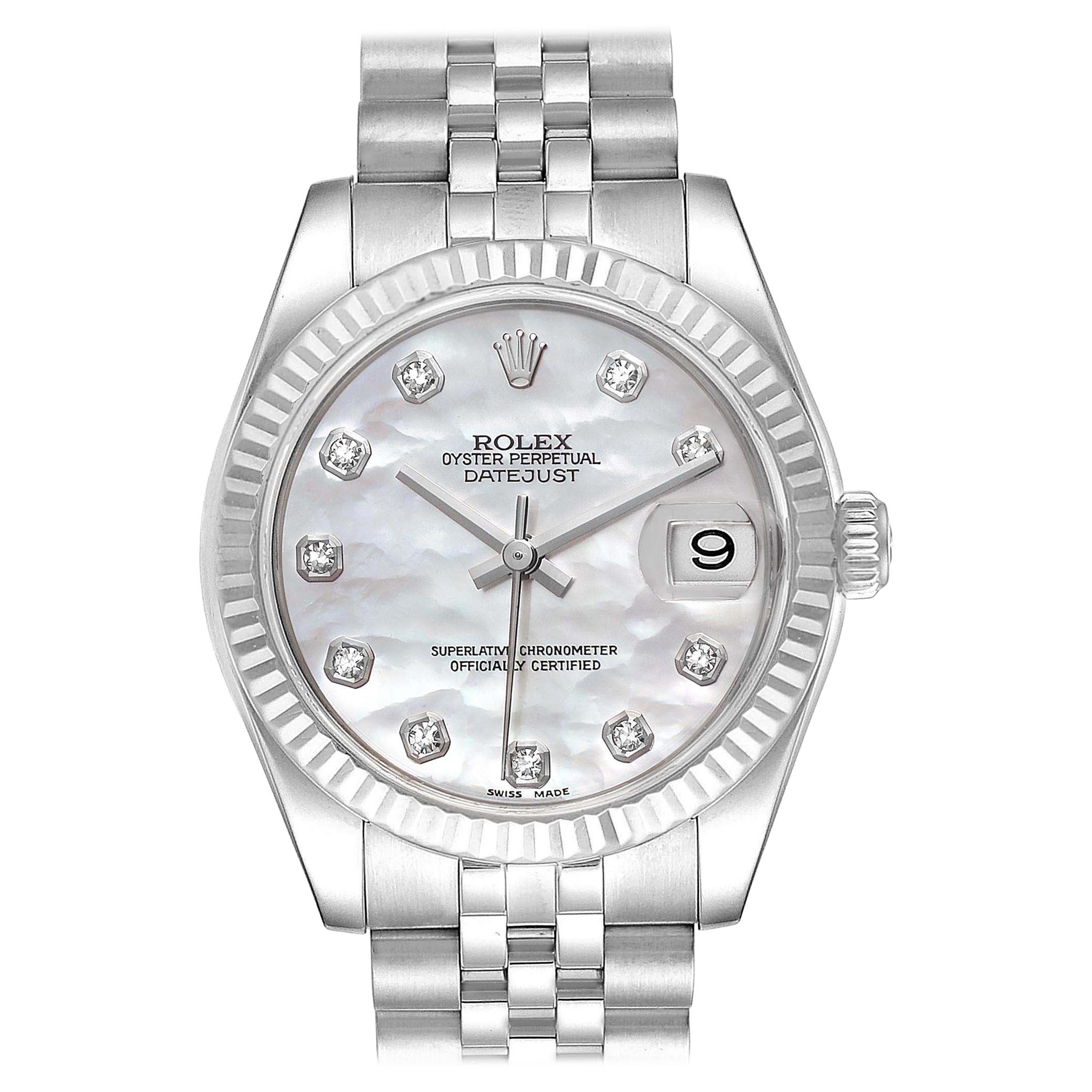 Rolex Datejust Midsize Steel White Gold MOP Diamond Ladies Watch 178274 For Sale