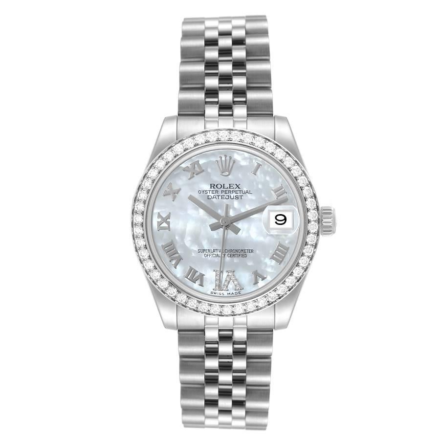 Rolex Datejust Midsize Steel White Gold MOP Diamond Ladies Watch 178384 Box Card. Officially certified chronometer automatic self-winding movement. Stainless steel oyster case 31.0 mm in diameter. Rolex logo on the crown. Original Rolex factory
