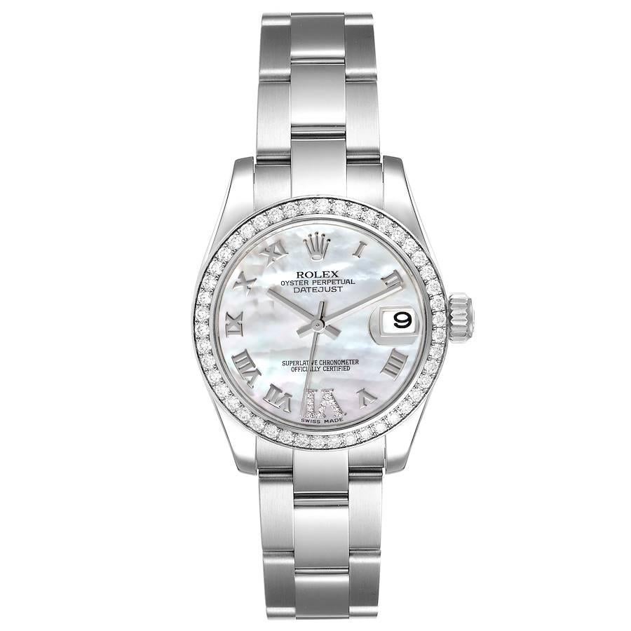 Rolex Datejust Midsize Steel White Gold MOP Diamond Watch 178384 Box Card. Officially certified chronometer self-winding movement. Stainless steel oyster case 31.0 mm in diameter. Rolex logo on a crown. Original Rolex factory 18K white gold diamond