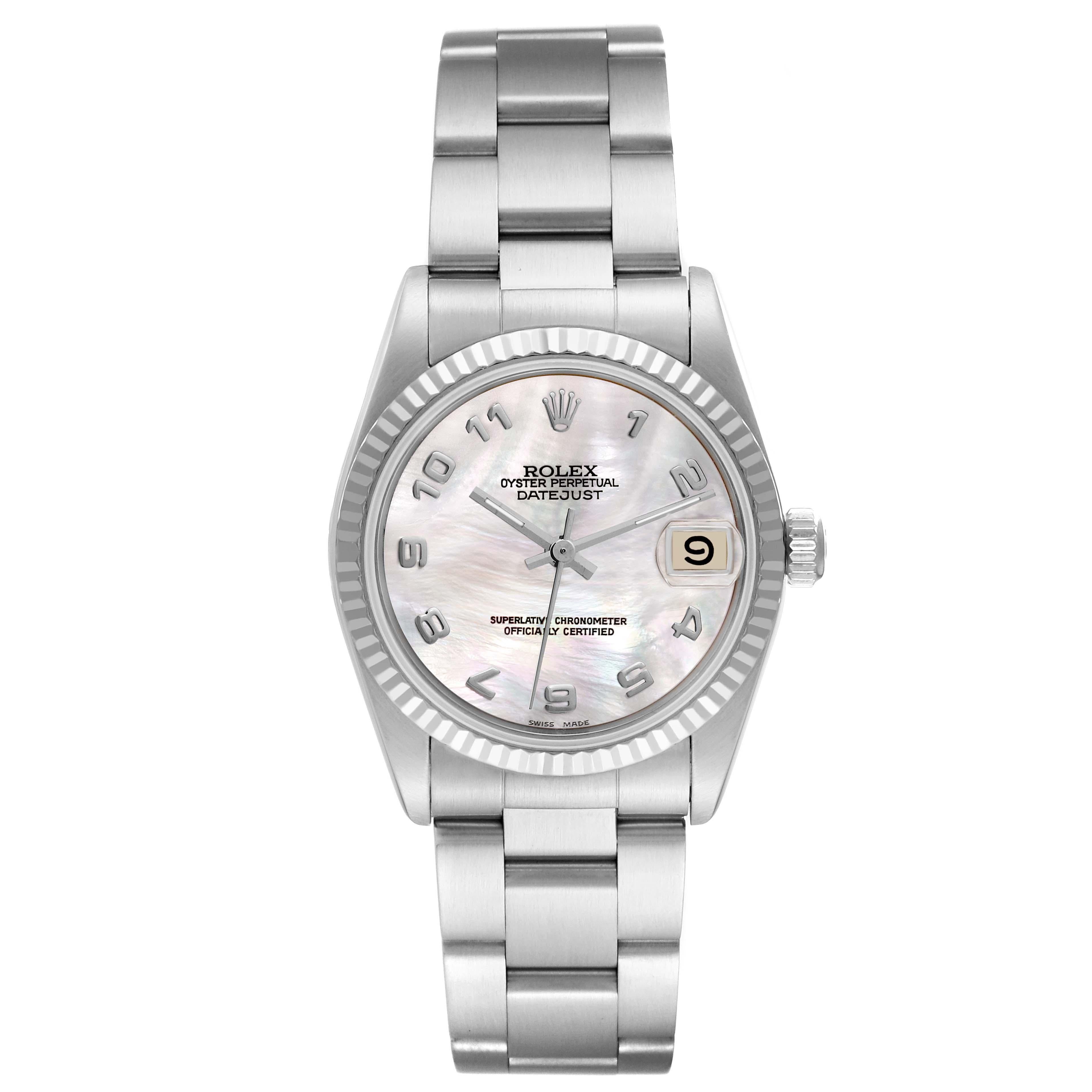 Rolex Datejust Midsize Steel White Gold Mother Of Pearl Dial Ladies Watch 68274 In Excellent Condition For Sale In Atlanta, GA