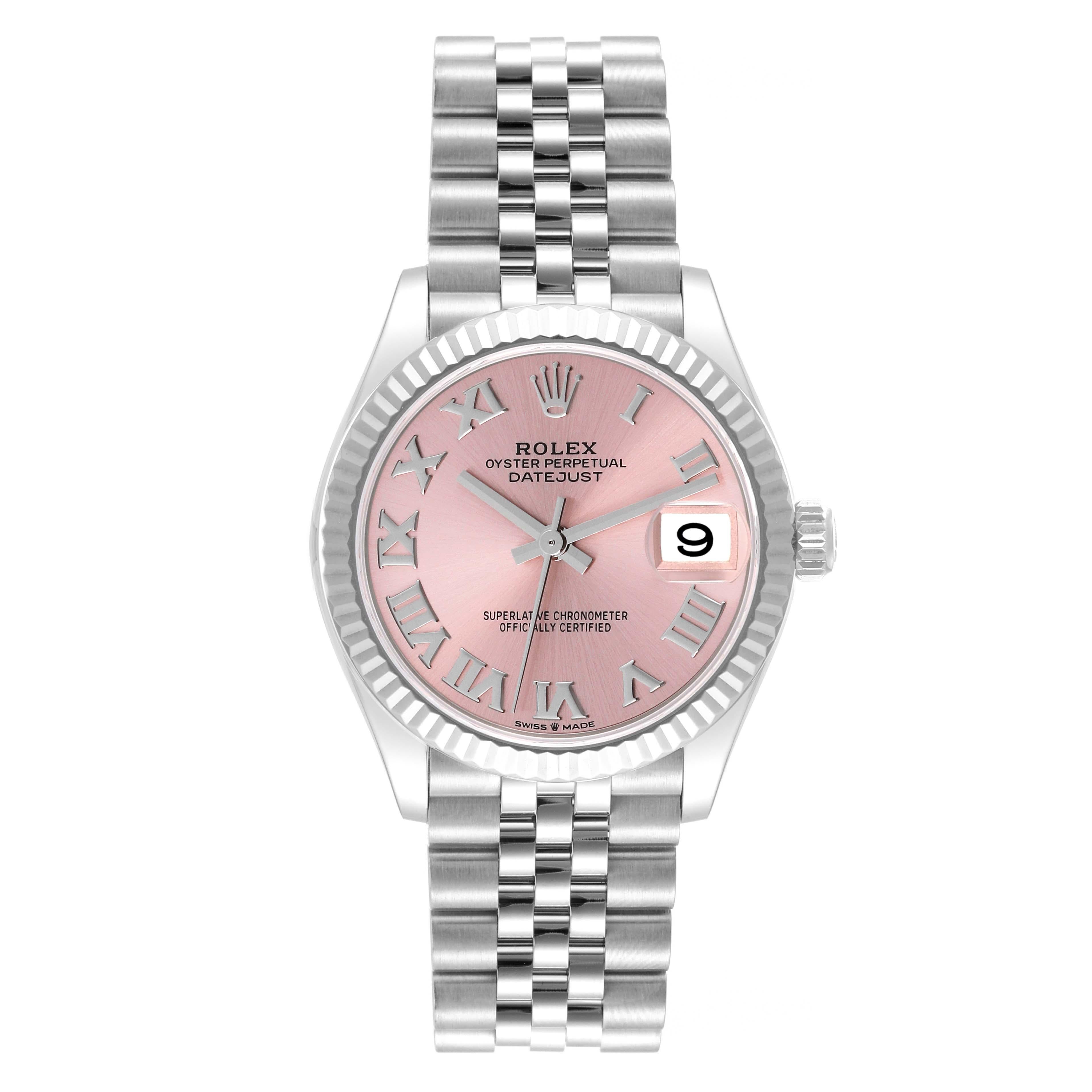 Rolex Datejust Midsize Acero Oro Blanco Esfera Rosa Reloj de Señora 278274 Tarjeta Caja. Movimiento automático con certificado oficial de cronómetro. Caja Oyster de acero inoxidable de 31.0 mm de diámetro. Logotipo Rolex en la corona. Bisel estriado
