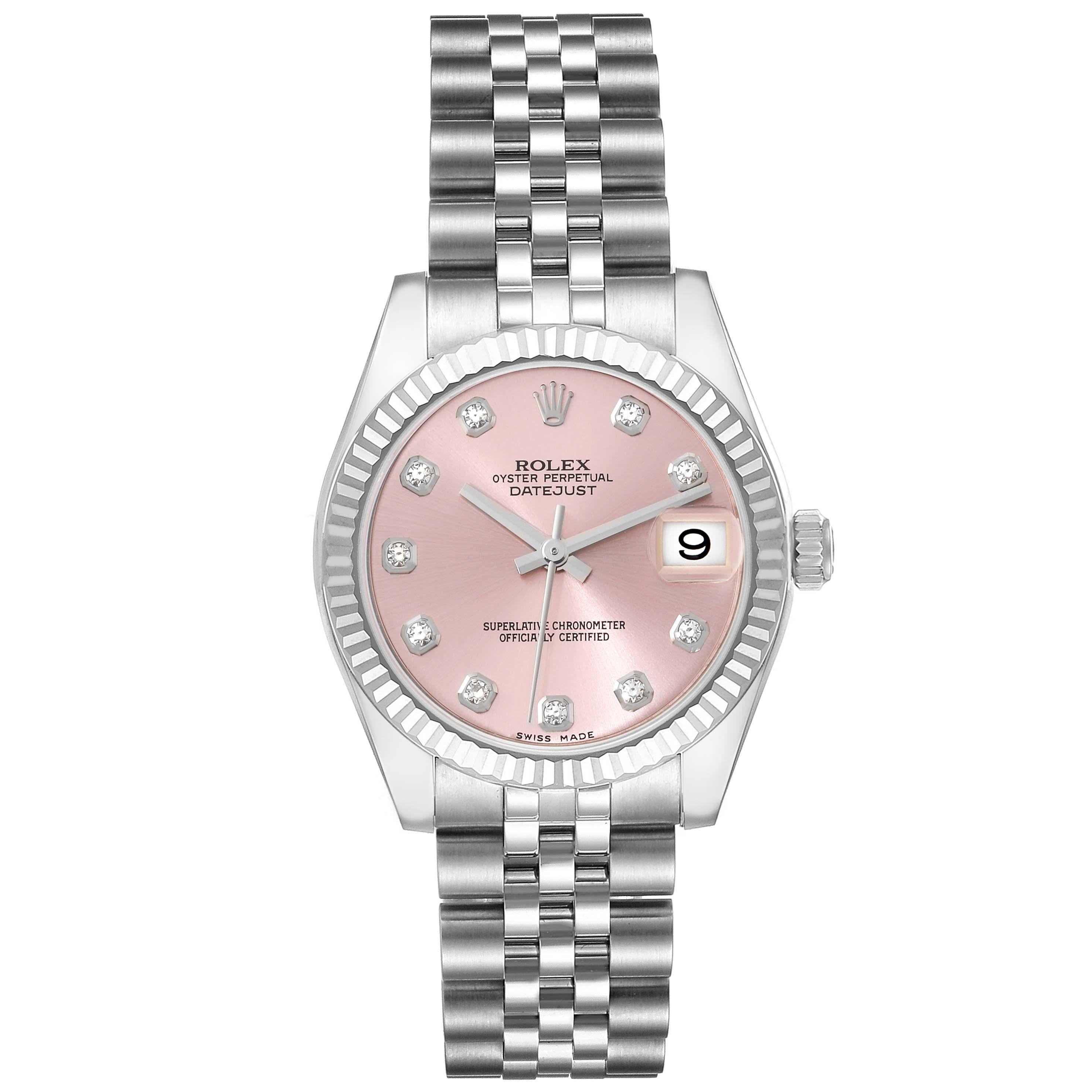 Rolex Datejust Midsize Steel White Gold Pink Diamond Dial Ladies Watch 178274. Officially certified chronometer automatic self-winding movement. Stainless steel oyster case 31.0 mm in diameter. Rolex logo on a crown. 18k white gold fluted bezel.
