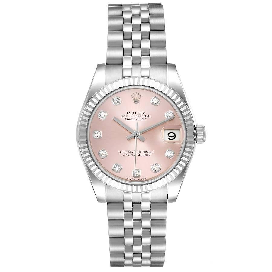 Rolex Datejust Midsize Steel White Gold Pink Diamond Dial Watch 178274. Officially certified chronometer self-winding movement. Stainless steel oyster case 31.0 mm in diameter. Rolex logo on a crown. 18k white gold fluted bezel. Scratch resistant