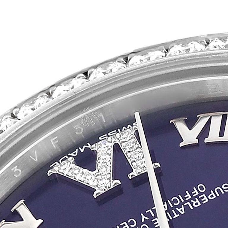 Rolex Datejust Midsize Stahl Weißgold lila Zifferblatt Diamant Damenuhr 178384. Offiziell zertifiziertes Chronometerwerk mit automatischem Aufzug. Austerngehäuse aus Edelstahl mit einem Durchmesser von 31.0 mm. Rolex Logo auf der Krone. Original