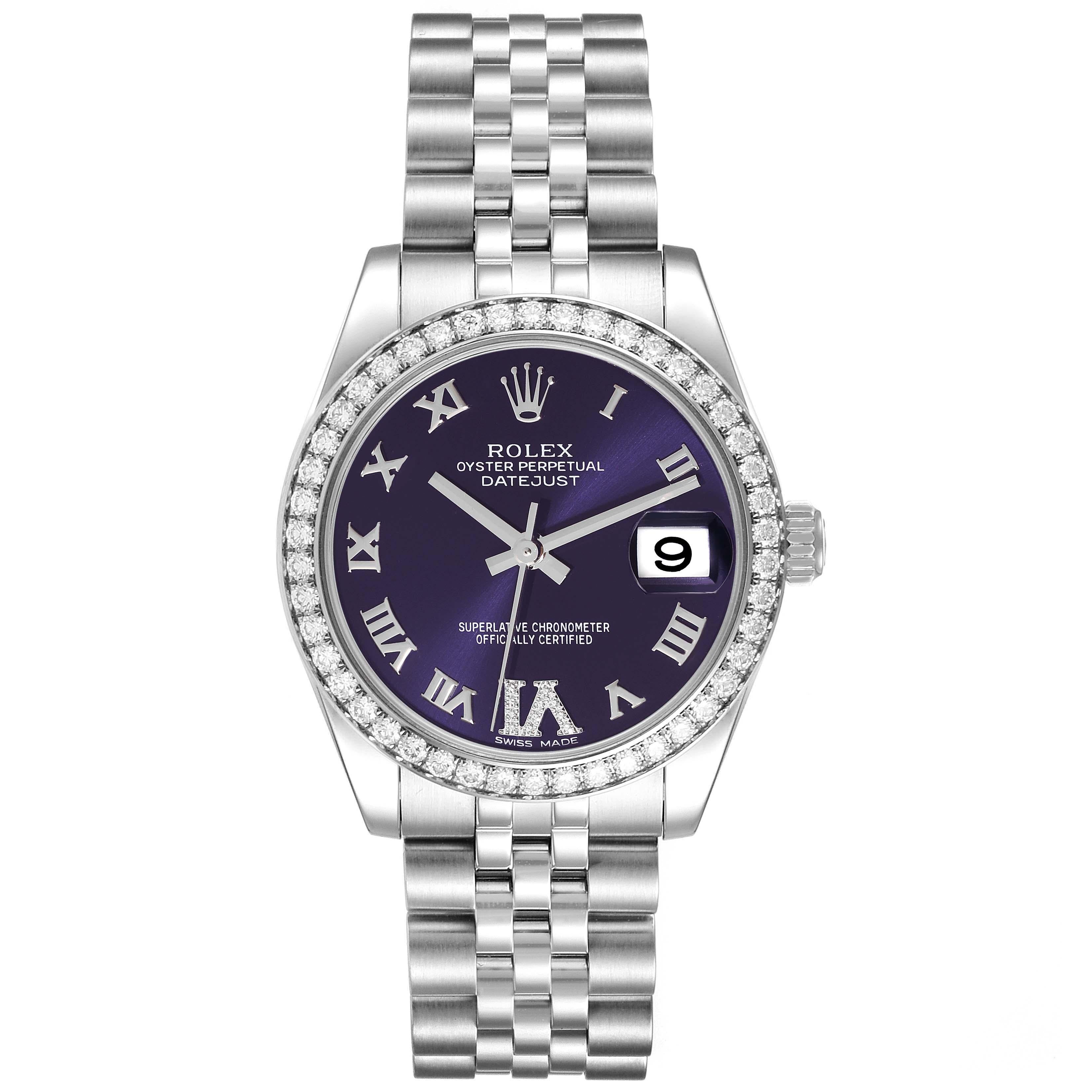 Rolex Datejust Midsize Steel White Gold Purple Dial Diamond Ladies Watch 178384 For Sale 1