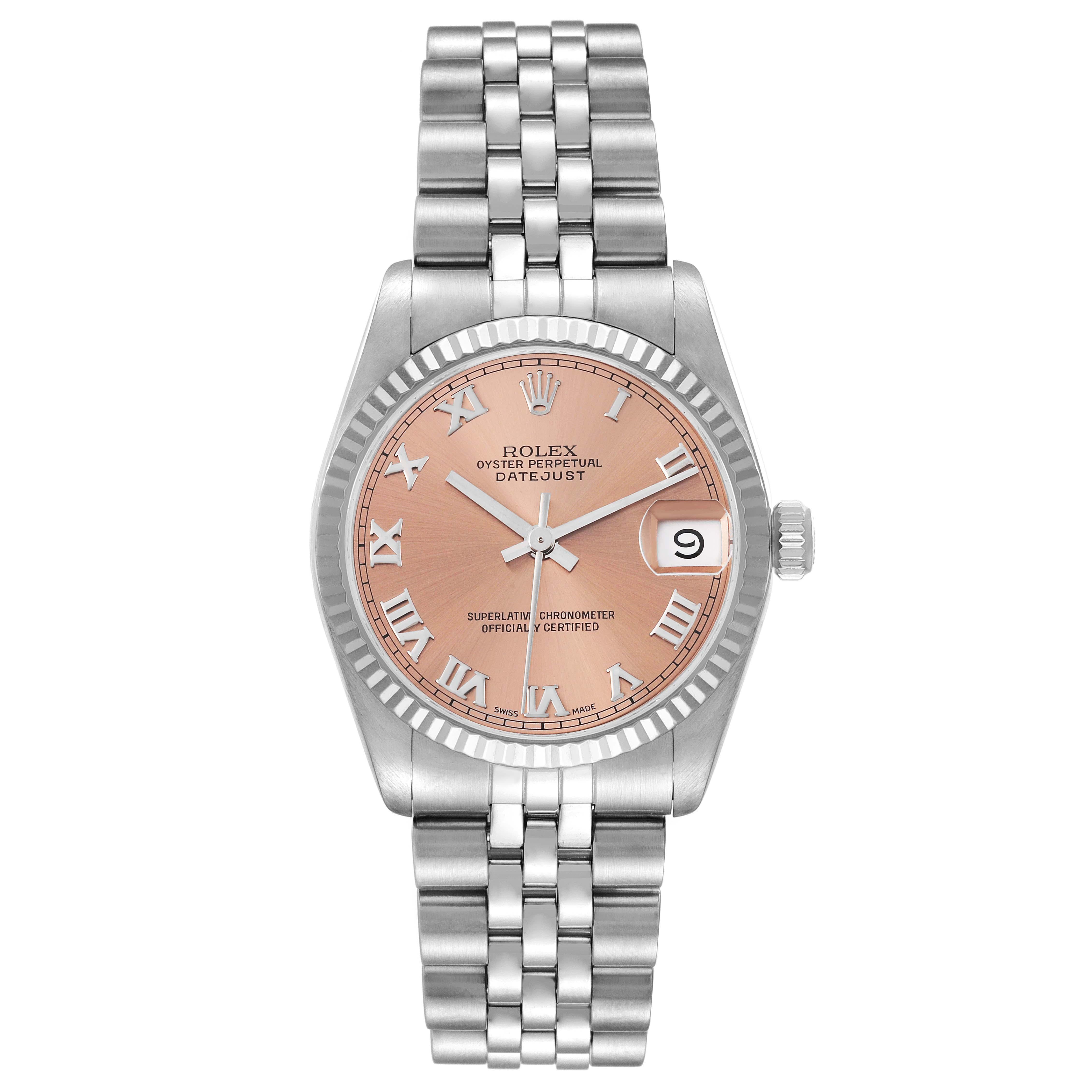 Rolex Datejust Midsize Steel White Gold Salmon Dial Ladies Watch 68274. Officially certified chronometer automatic self-winding movement. Stainless steel oyster case 31.0 mm in diameter. Rolex logo on the crown. 18k white gold fluted bezel. Scratch