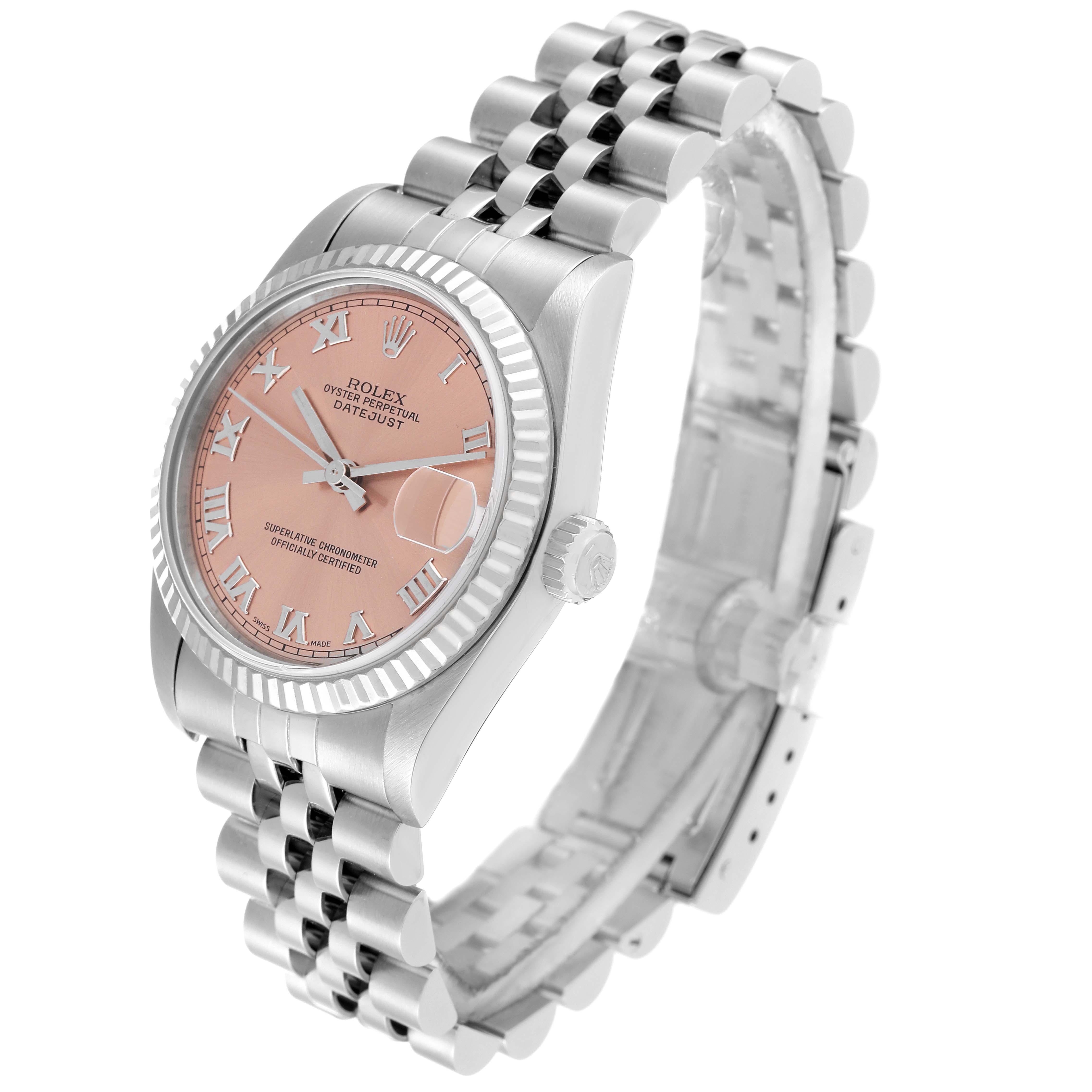 Rolex Datejust Midsize Steel White Gold Salmon Dial Ladies Watch 68274 In Good Condition For Sale In Atlanta, GA