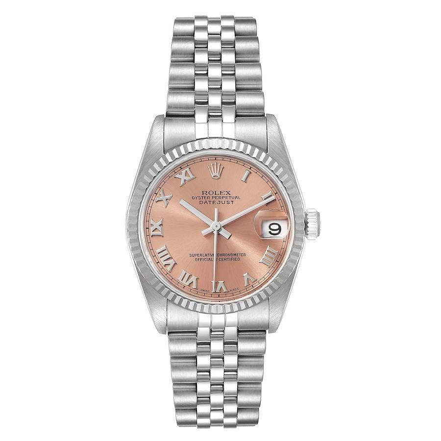 Rolex Datejust Midsize Steel White Gold Salmon Dial Ladies Watch 78274. Officially certified chronometer self-winding movement. Stainless steel oyster case 31.0 mm in diameter. Rolex logo on a crown. 18k white gold fluted bezel. Scratch resistant