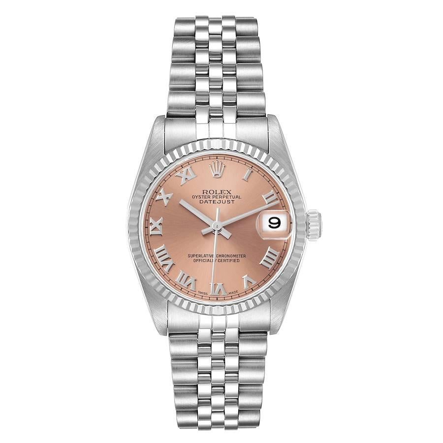 Rolex Datejust Midsize Steel White Gold Salmon Dial Watch 78274 Box Papers. Officially certified chronometer self-winding movement. Stainless steel oyster case 31.0 mm in diameter. Rolex logo on a crown. 18k white gold fluted bezel. Scratch