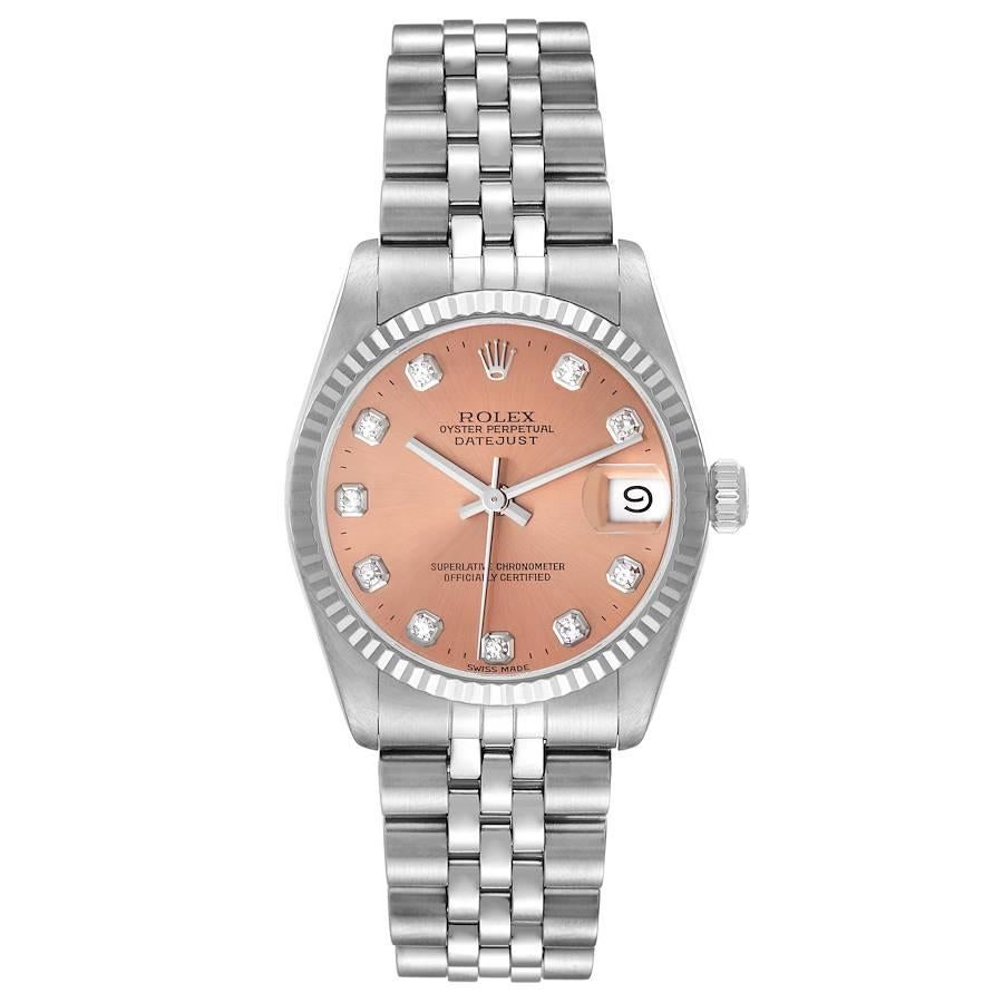 Rolex Datejust Midsize Steel White Gold Salmon Diamond Dial Ladies Watch 68274. Mouvement à remontage automatique certifié officiellement chronomètre. Boîtier oyster en acier inoxydable de 31.0 mm de diamètre. Logo Rolex sur une couronne. Lunette