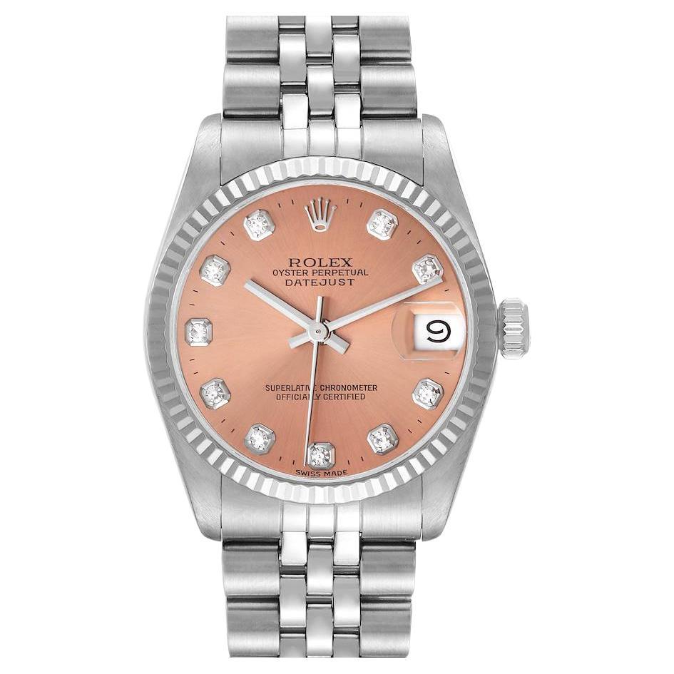 Rolex Montre Datejust de taille moyenne en acier et or blanc avec cadran en diamant saumon, pour femmes 68274