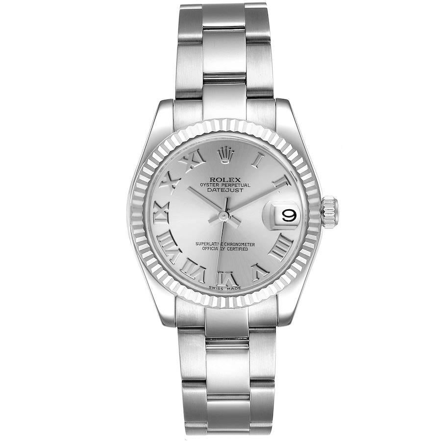 Rolex Datejust Midsize Steel White Gold Silver Dial Watch 178274 Box Card. Officially certified chronometer self-winding movement. Stainless steel oyster case 31.0 mm in diameter. Rolex logo on a crown. 18k white gold fluted bezel. Scratch resistant