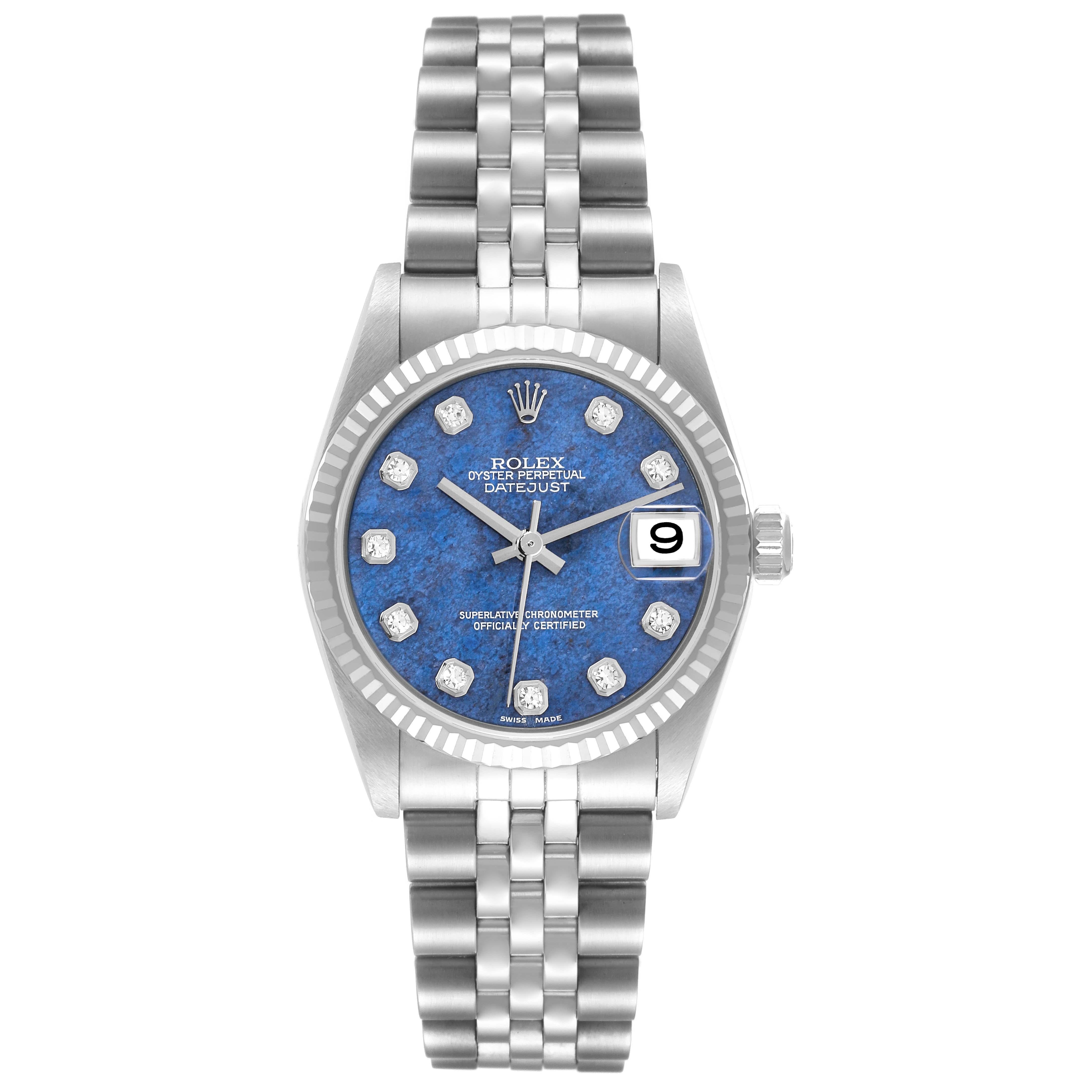 Rolex Datejust Midsize Steel White Gold Sodolite Dial Watch 78274 Box Papers. Officially certified chronometer self-winding movement. Stainless steel oyster case 31 mm in diameter. Rolex logo on a crown. 18k white gold fluted bezel. Scratch