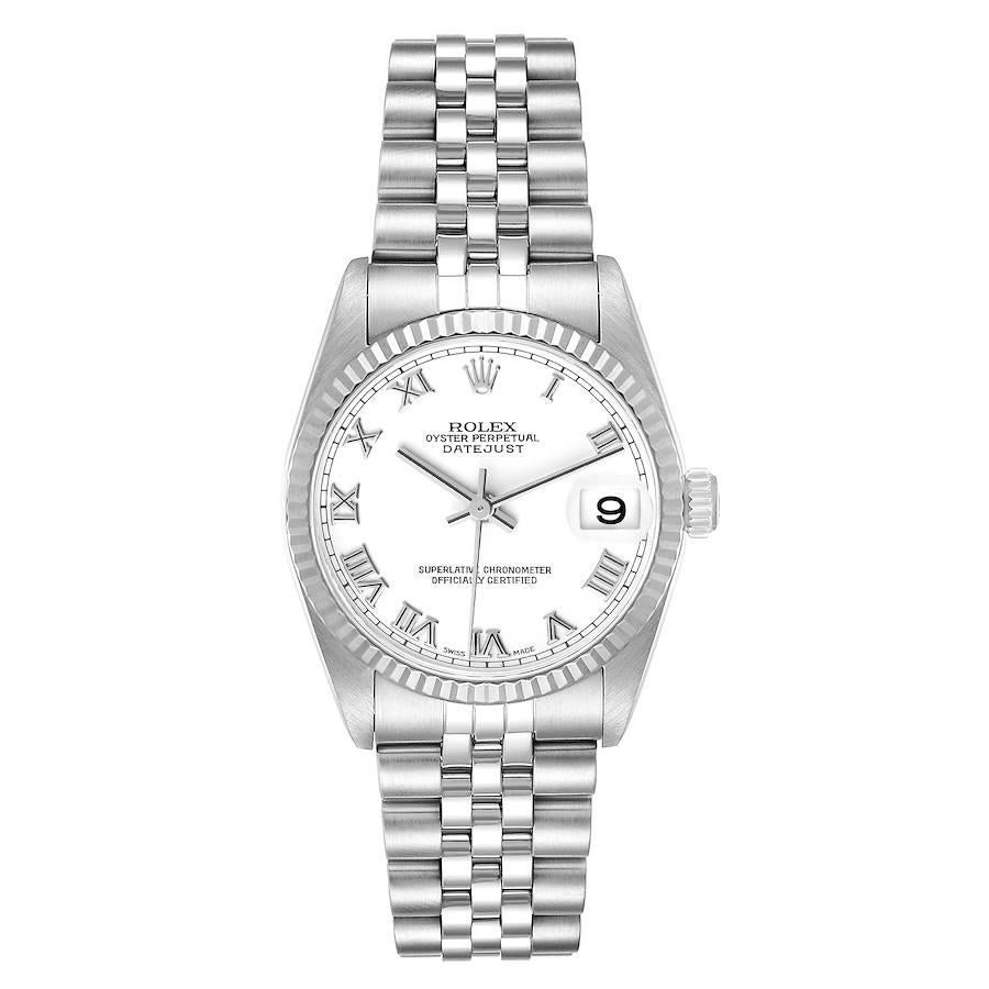 Rolex Datejust Midsize Steel White Gold White Dial Ladies Watch 78274 Box Papers. Offiziell zertifiziertes Chronometerwerk mit automatischem Aufzug. Austerngehäuse aus Edelstahl mit einem Durchmesser von 31 mm. Rolex Logo auf der Krone. Geriffelte