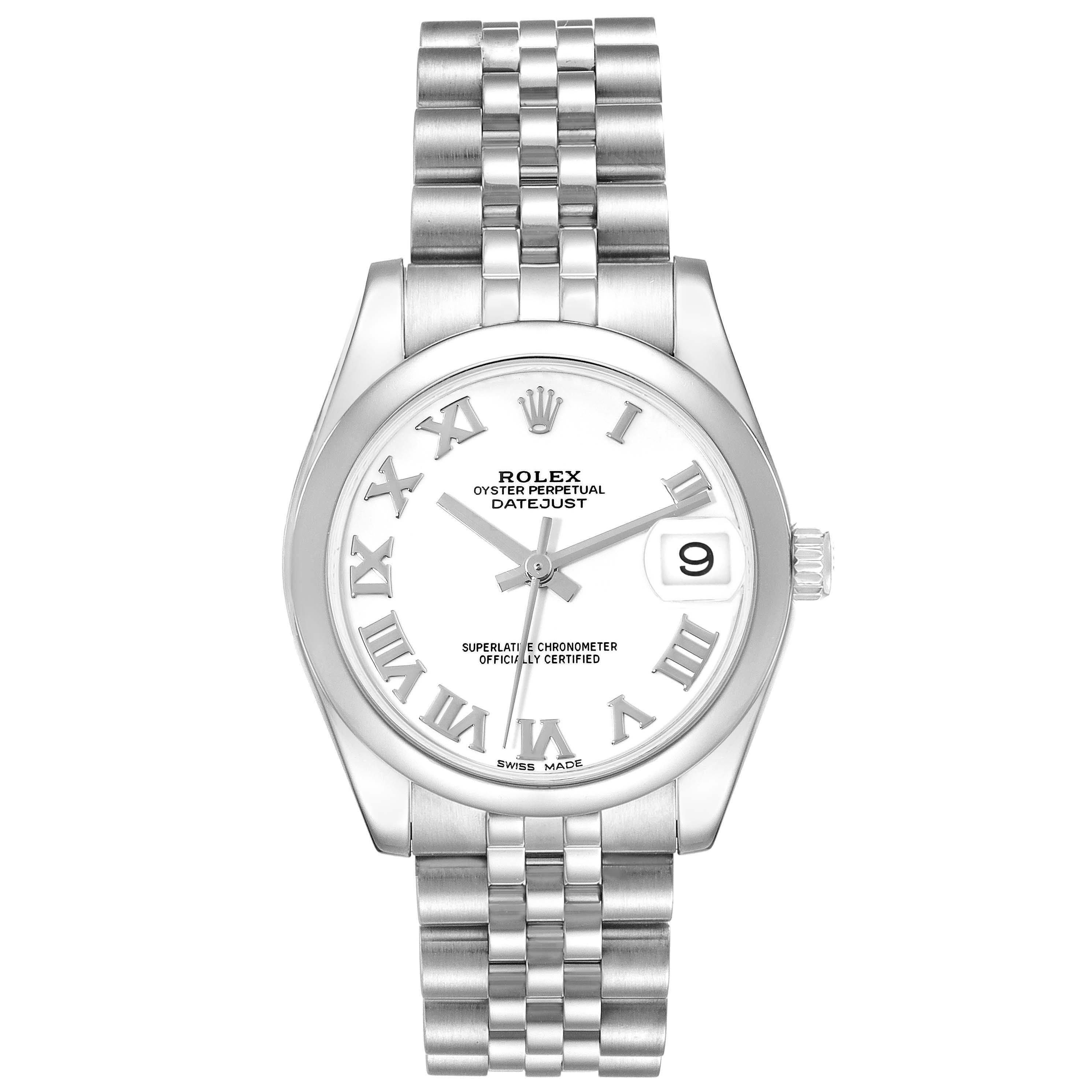 Rolex Datejust Midsize Steel White Roman Dial Ladies Watch 178240 Box Card. Officially certified chronometer automatic self-winding movement. Stainless steel oyster case 31.0 mm in diameter. Rolex logo on the crown. Stainless steel smooth bezel.