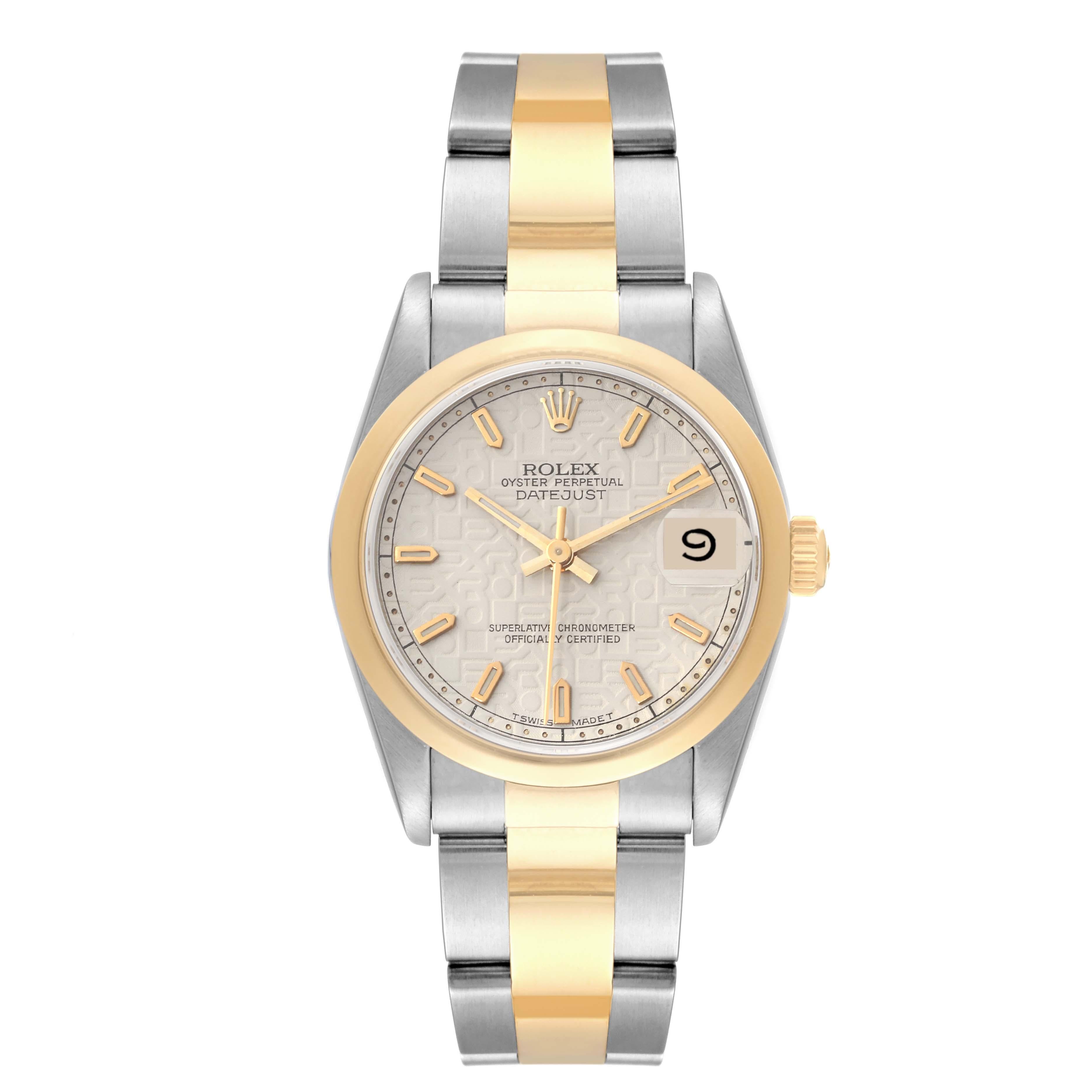 Rolex Datejust Midsize Steel Yellow Gold Anniversary Dial Ladies Watch 68243. Officially certified chronometer self-winding movement. Stainless steel oyster case 31 mm in diameter. Rolex logo on an 18K yellow gold crown. 18k yellow gold smooth