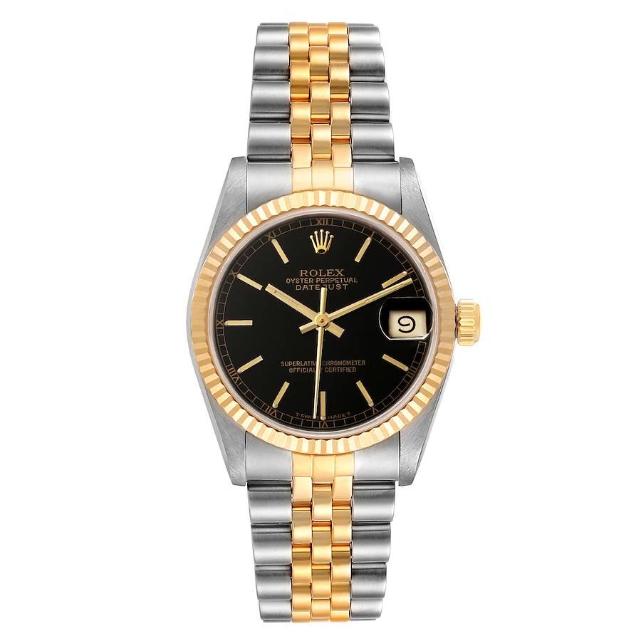 Rolex Datejust Midsize Steel Yellow Gold Black Dial Ladies Watch 68273 Box. Officially certified chronometer self-winding movement with quickset date function. Stainless steel oyster case 31 mm in diameter. Rolex logo on a 18K yellow gold crown. 18k