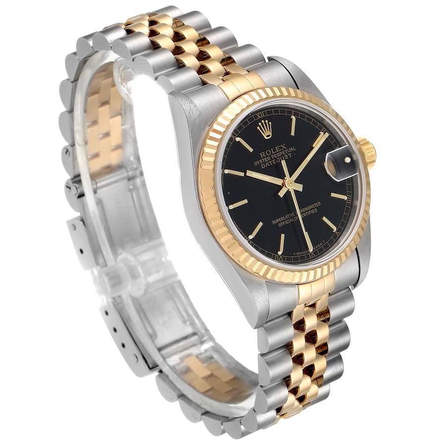 Rolex Datejust Midsize Steel Yellow Gold Black Dial Ladies Watch 68273 Box In Excellent Condition For Sale In Atlanta, GA