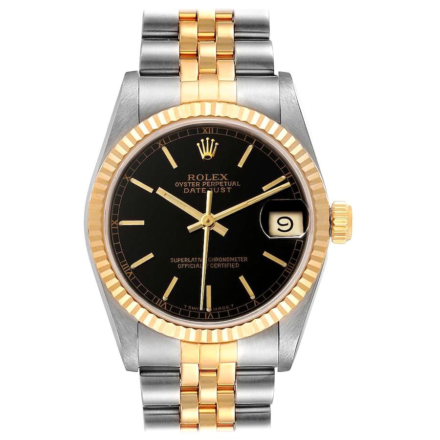 Rolex Datejust Midsize Steel Yellow Gold Black Dial Ladies Watch 68273 Box For Sale