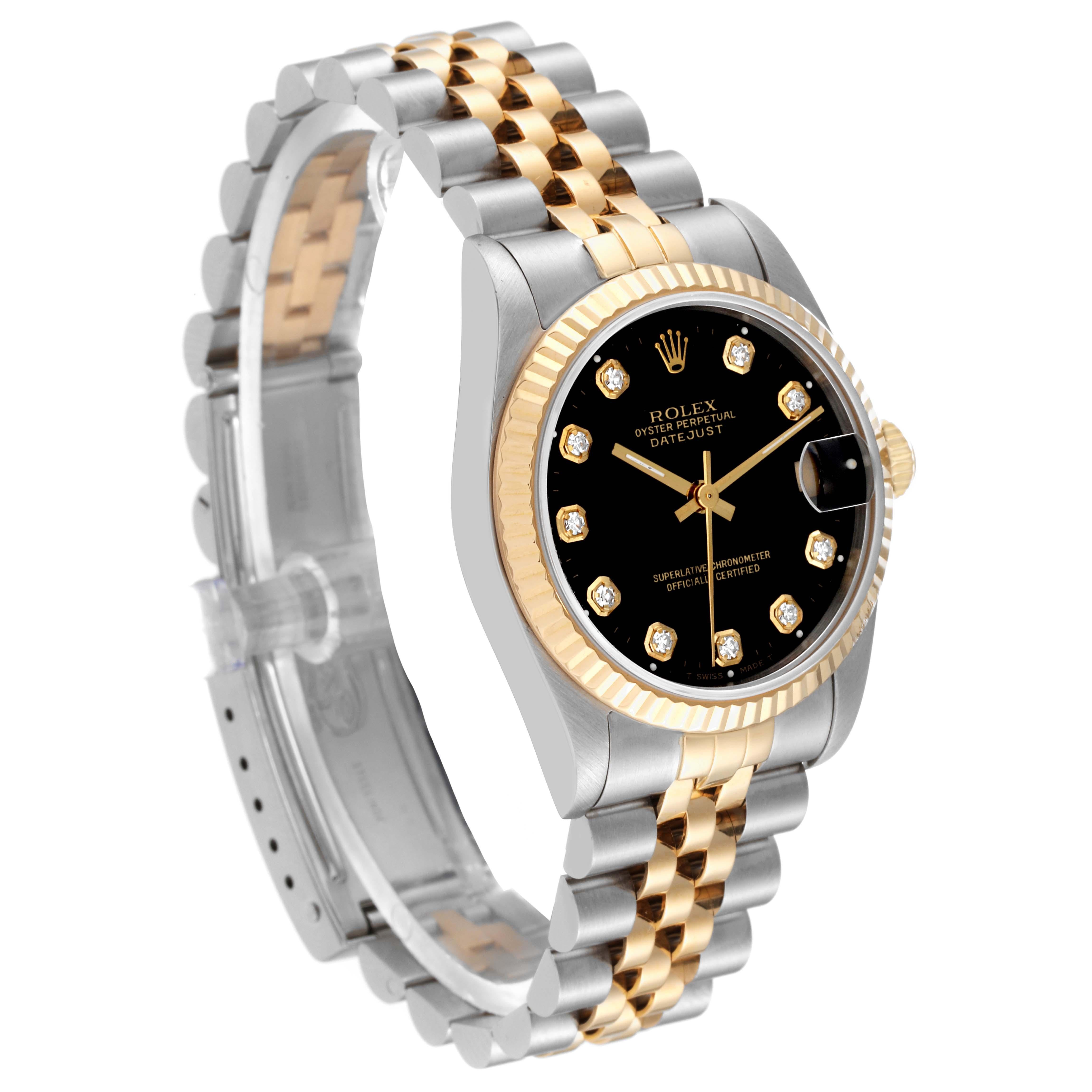 Rolex Datejust Midsize Steel Yellow Gold Black Diamond Ladies Watch 68273 In Excellent Condition In Atlanta, GA