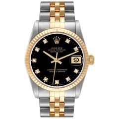 Rolex Datejust Midsize Steel Yellow Gold Black Diamond Ladies Watch 68273